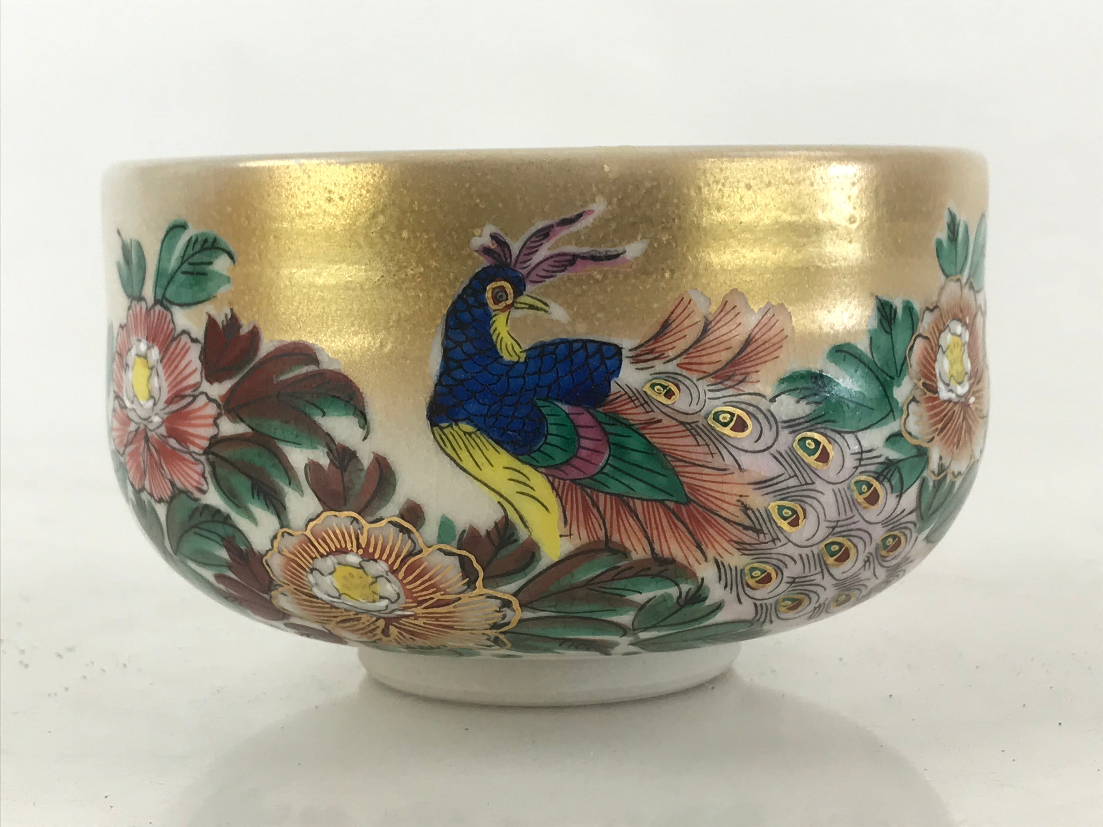 Japanese Ceramic Kutani Ware Kinsen Green Tea Bowl Vtg Matcha Chawan Peacock PX6