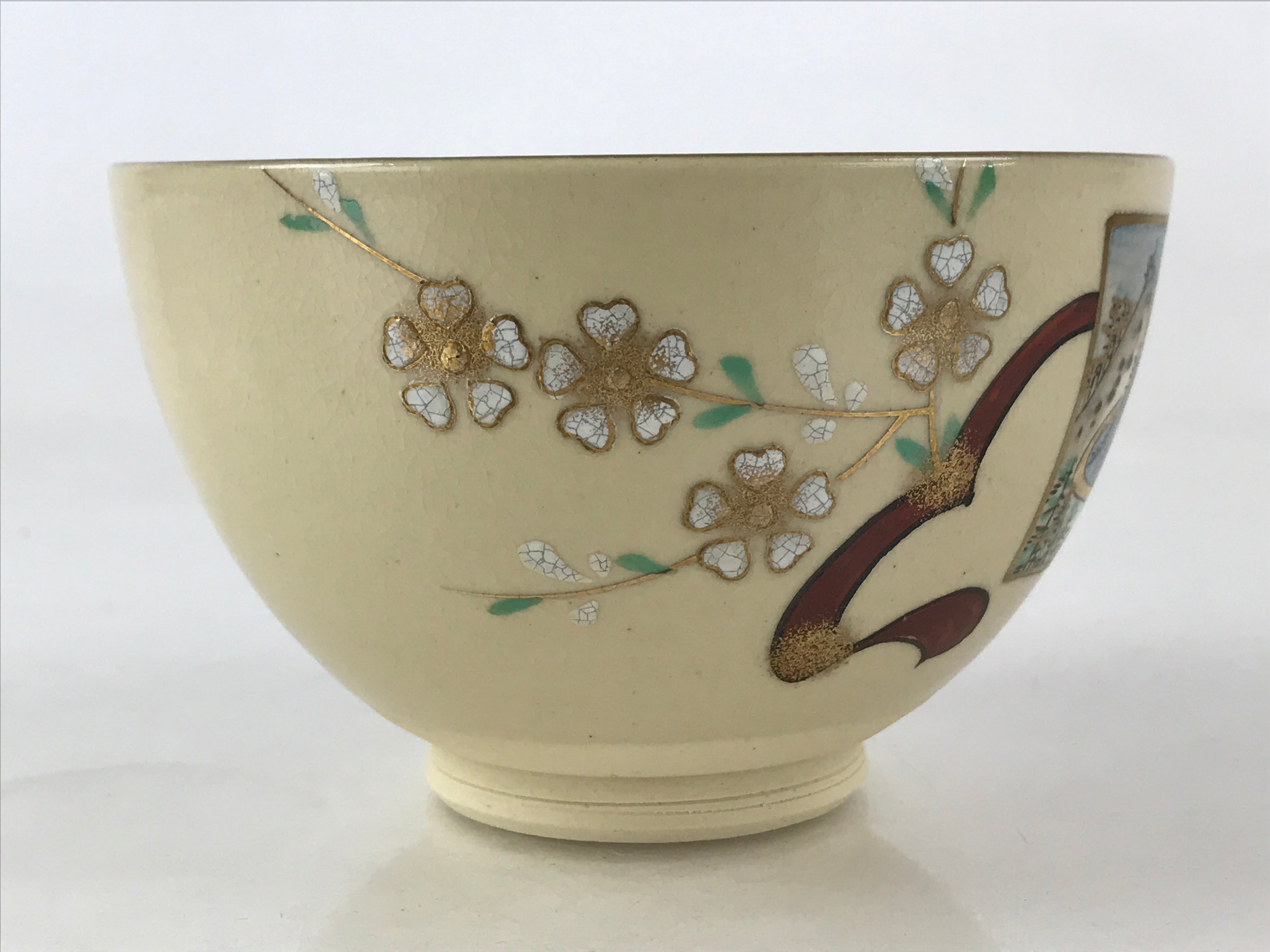 Japanese Ceramic Kyo Ware Green Tea Bowl Vtg Slope Matcha Chawan Sado PX683
