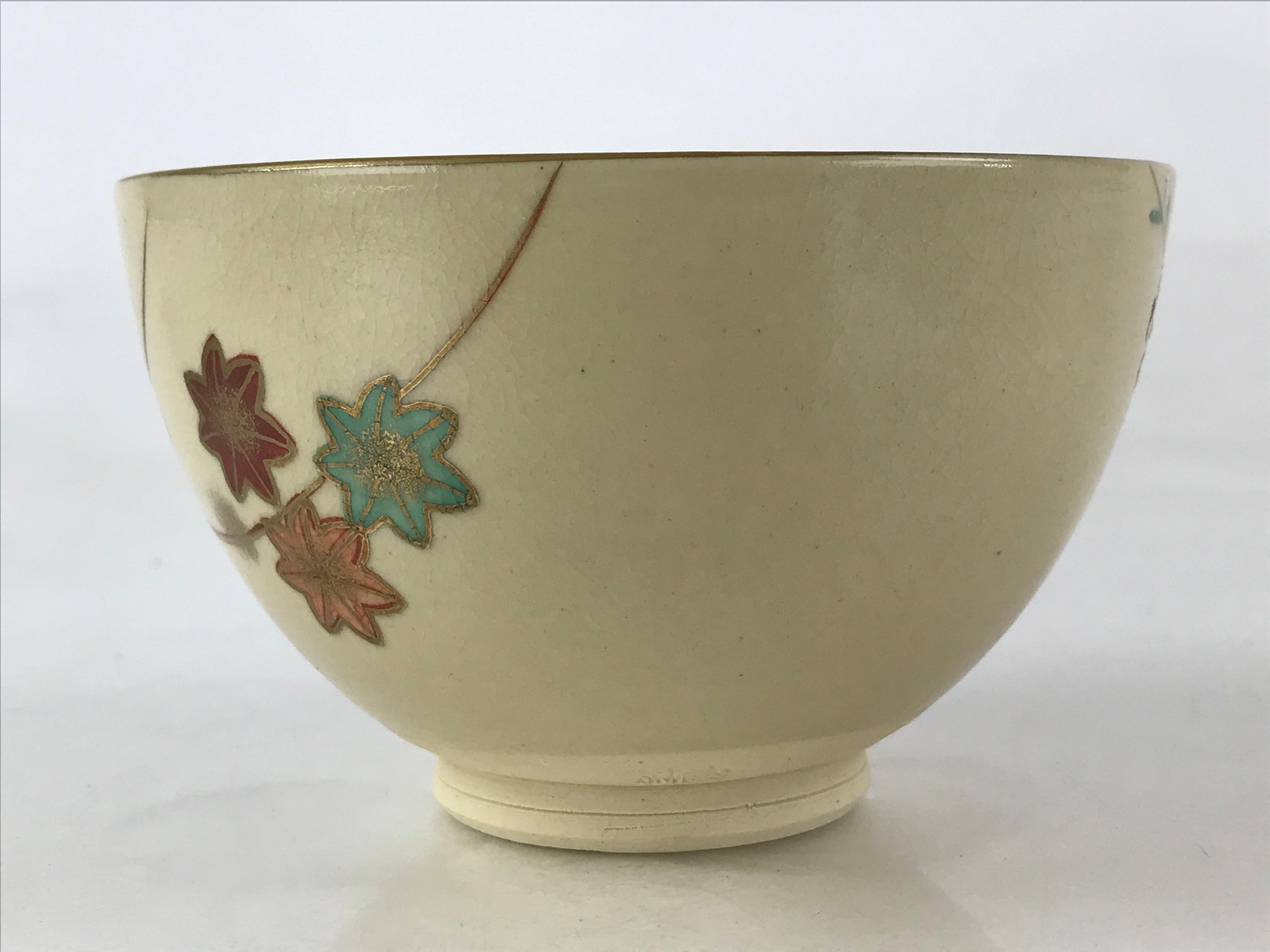Japanese Ceramic Kyo Ware Green Tea Bowl Vtg Slope Matcha Chawan Sado PX683