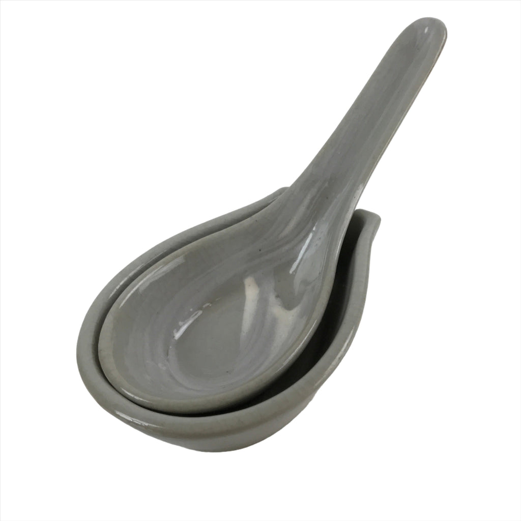 Japanese Ceramic Large Spoon W/ Stand Vtg Nabe Ramen Noodle Soup Gray PY875