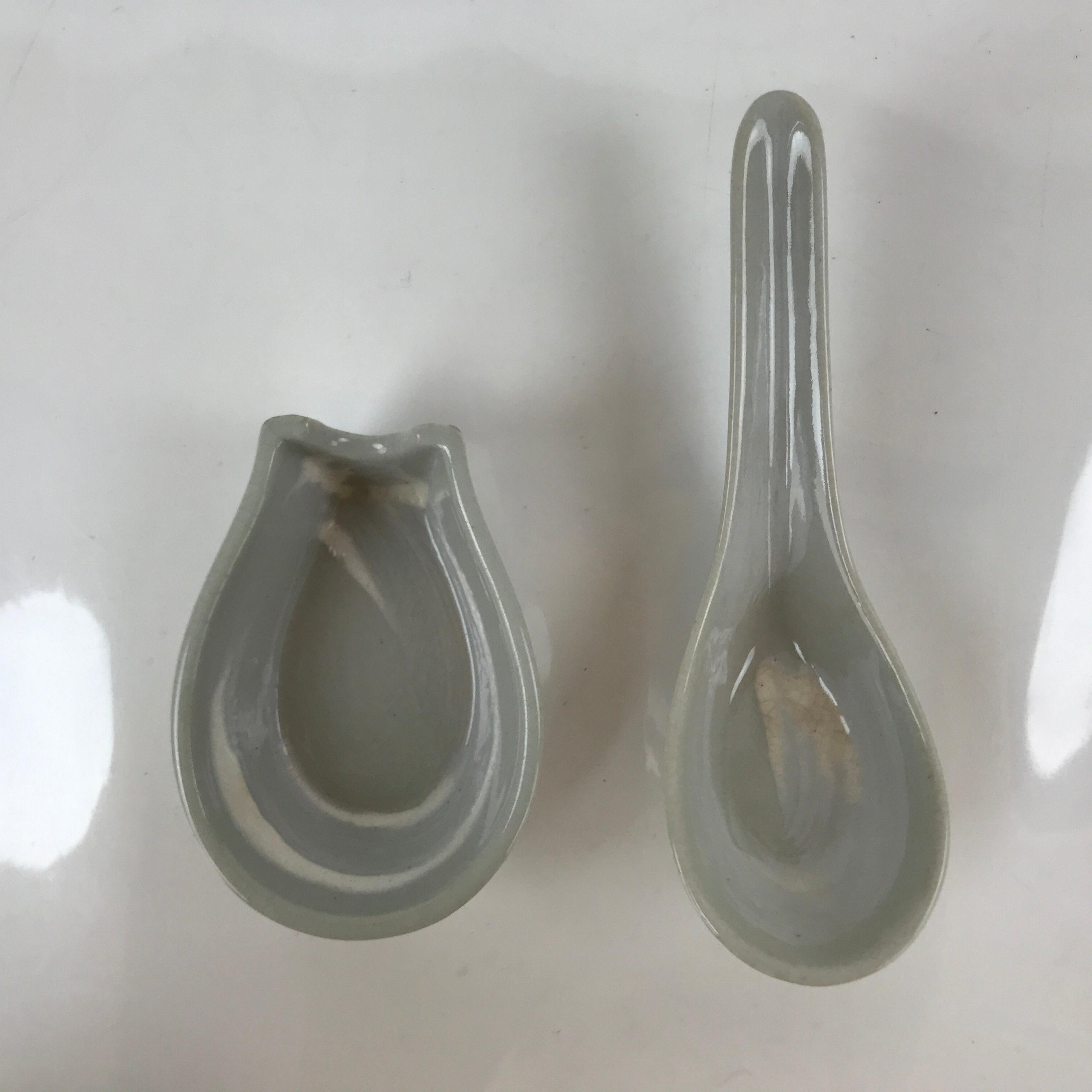 Japanese Ceramic Large Spoon W/ Stand Vtg Nabe Ramen Noodle Soup Gray PY876