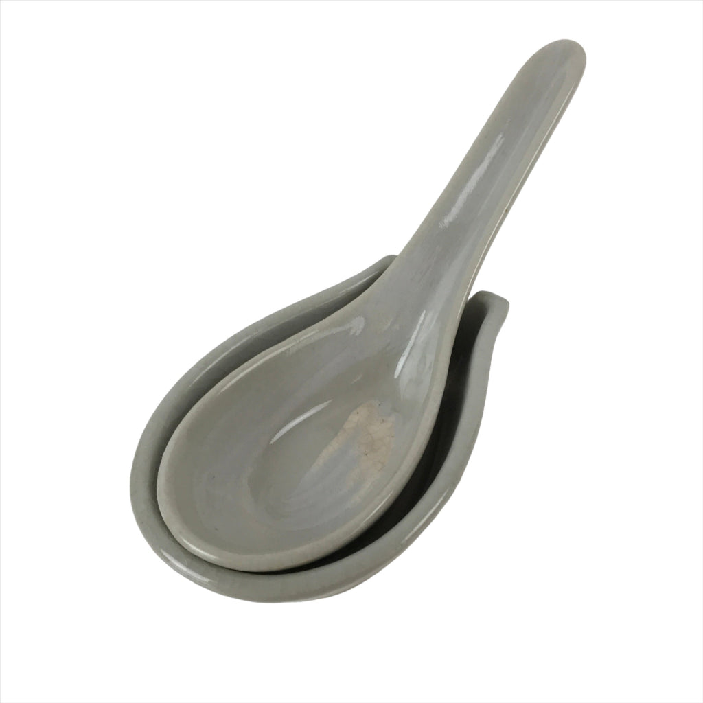 Japanese Ceramic Large Spoon W/ Stand Vtg Nabe Ramen Noodle Soup Gray PY876