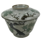 Japanese Ceramic Lidded Bowl Mushiwan Cup Pottery Gray White Plum Blossoms Y470