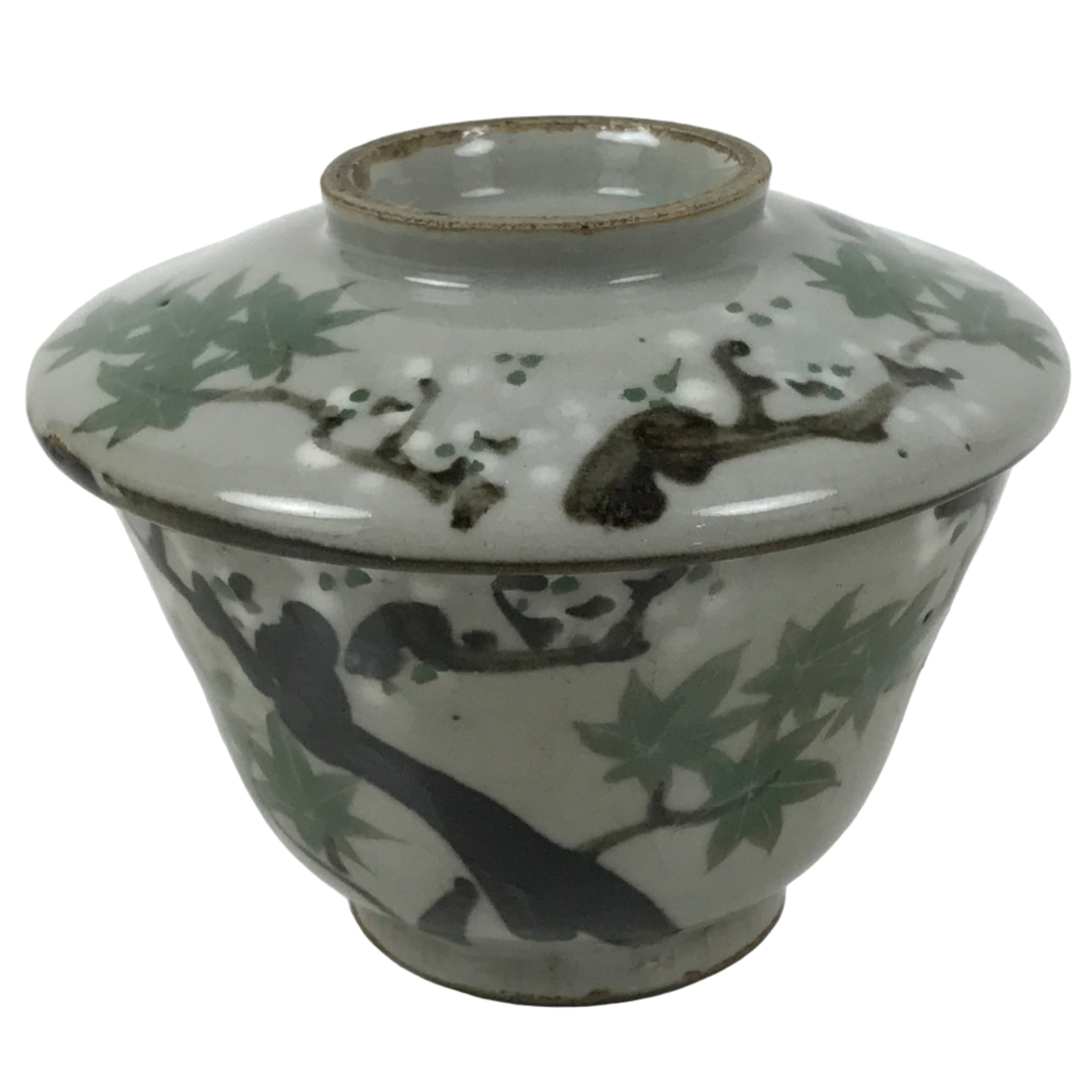 Japanese Ceramic Lidded Bowl Mushiwan Cup Pottery Gray White Plum Blossoms Y470