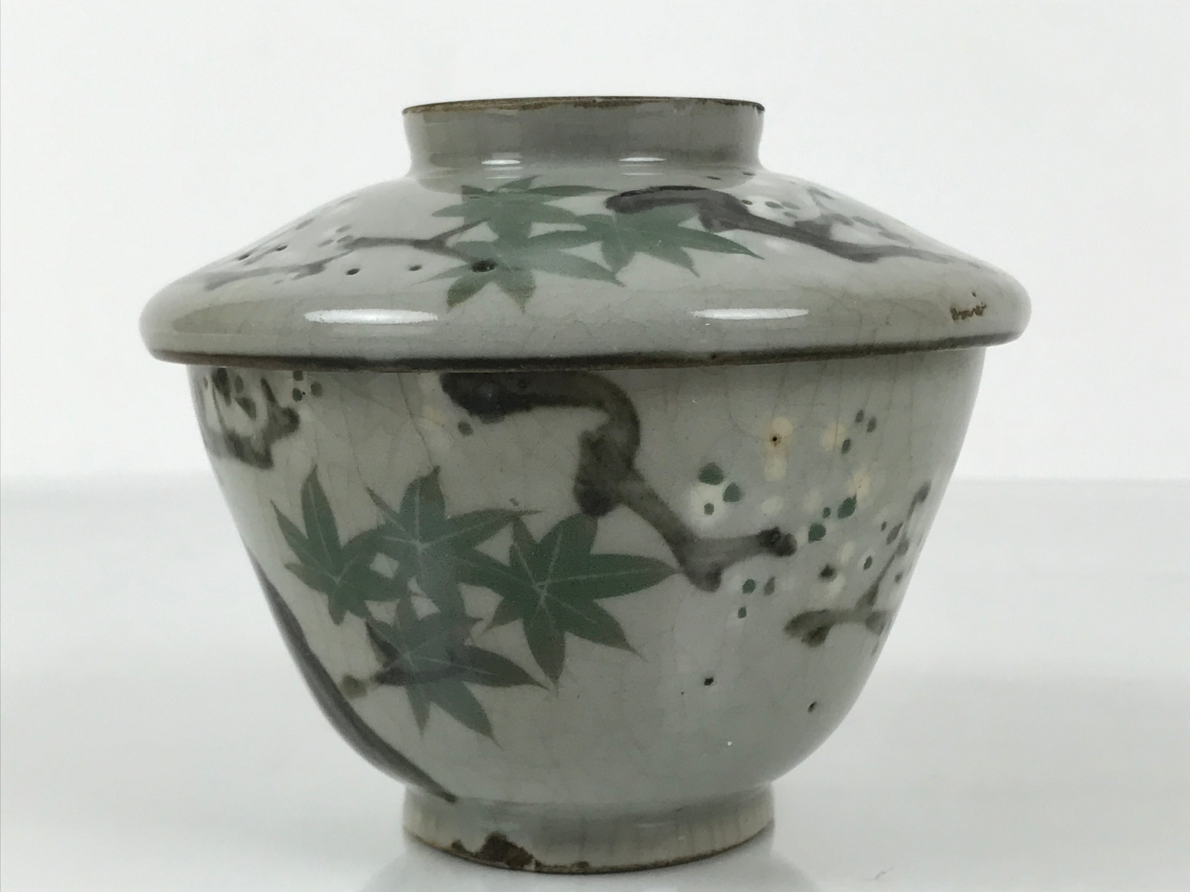 Japanese Ceramic Lidded Bowl Mushiwan Cup Pottery Gray White Plum Blossoms Y471