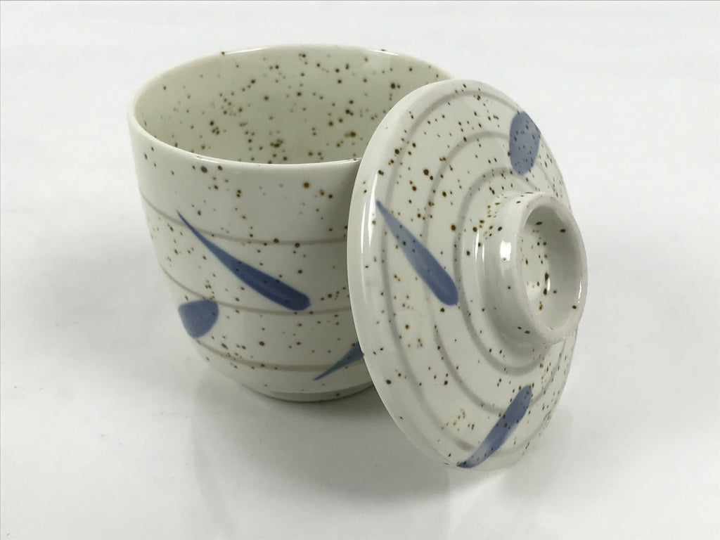 Japanese Ceramic Lidded Bowl Mushiwan Cup Pottery White Blue Bamboo Leaves Y545