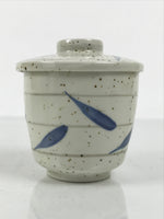 Japanese Ceramic Lidded Bowl Mushiwan Cup Pottery White Blue Bamboo Leaves Y545