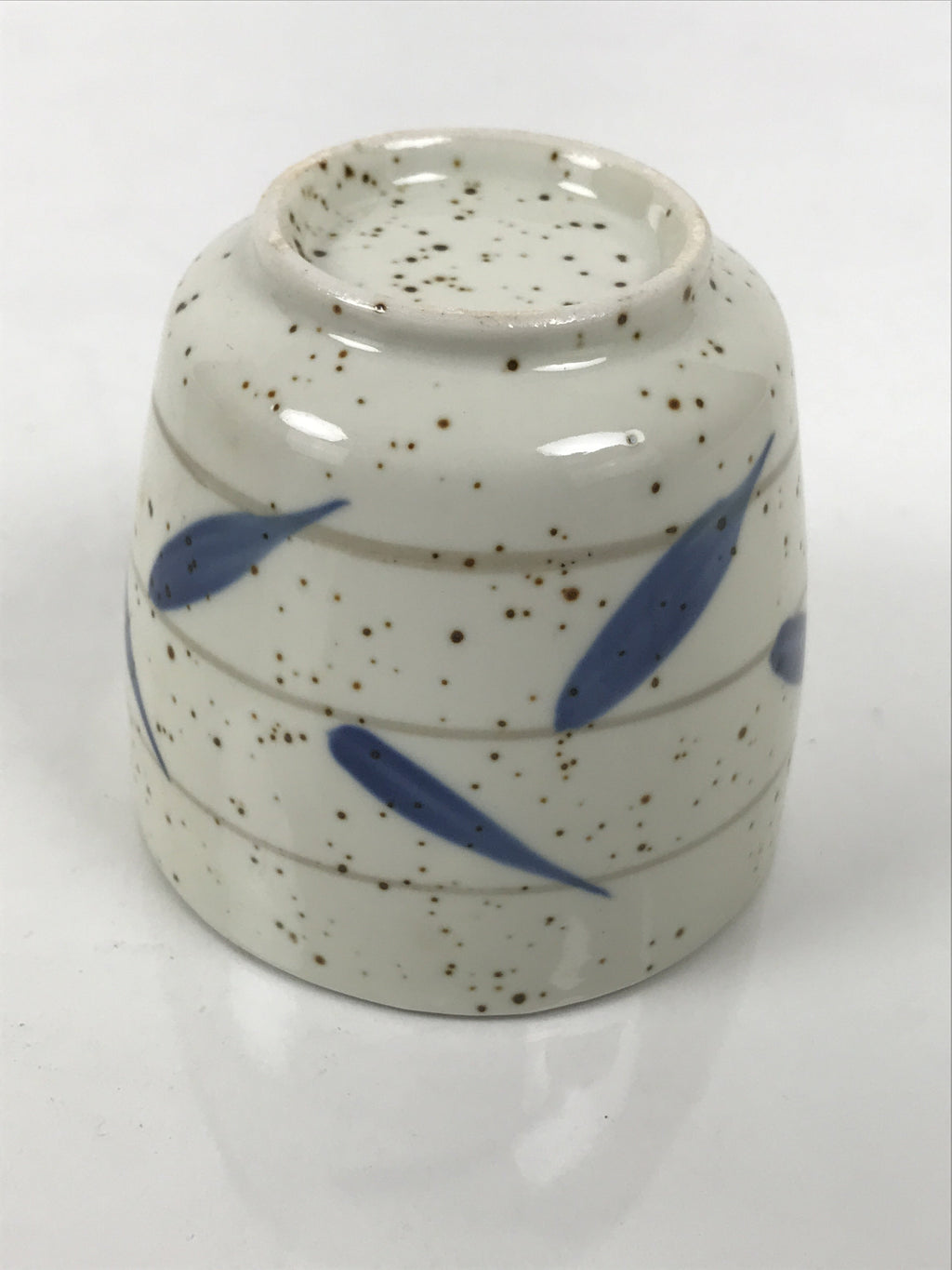 Japanese Ceramic Lidded Bowl Mushiwan Cup Pottery White Blue Bamboo Leaves Y545