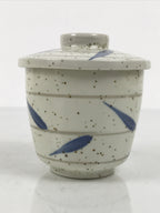 Japanese Ceramic Lidded Bowl Mushiwan Cup Pottery White Blue Bamboo Leaves Y546
