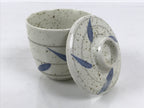 Japanese Ceramic Lidded Bowl Mushiwan Cup Pottery White Blue Bamboo Leaves Y547
