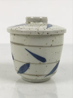 Japanese Ceramic Lidded Bowl Mushiwan Cup Pottery White Blue Bamboo Leaves Y547