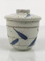 Japanese Ceramic Lidded Bowl Mushiwan Cup Pottery White Blue Bamboo Leaves Y547