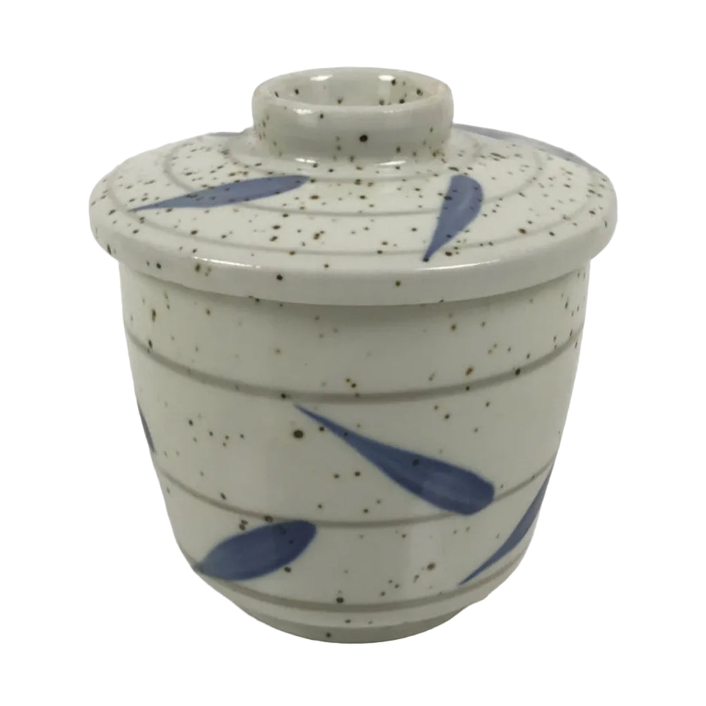 Japanese Ceramic Lidded Bowl Mushiwan Cup Pottery White Blue Bamboo Leaves Y547