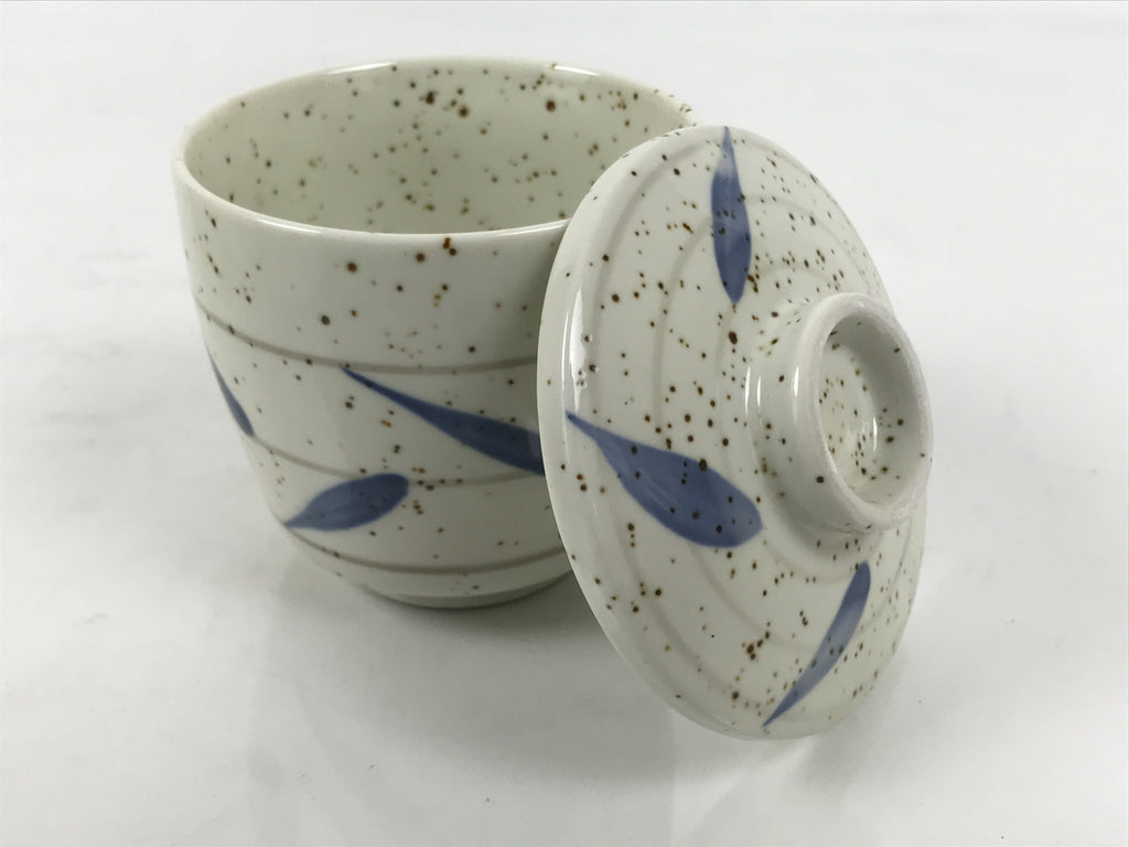 Japanese Ceramic Lidded Bowl Mushiwan Cup Pottery White Blue Bamboo Leaves Y548