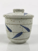 Japanese Ceramic Lidded Bowl Mushiwan Cup Pottery White Blue Bamboo Leaves Y548