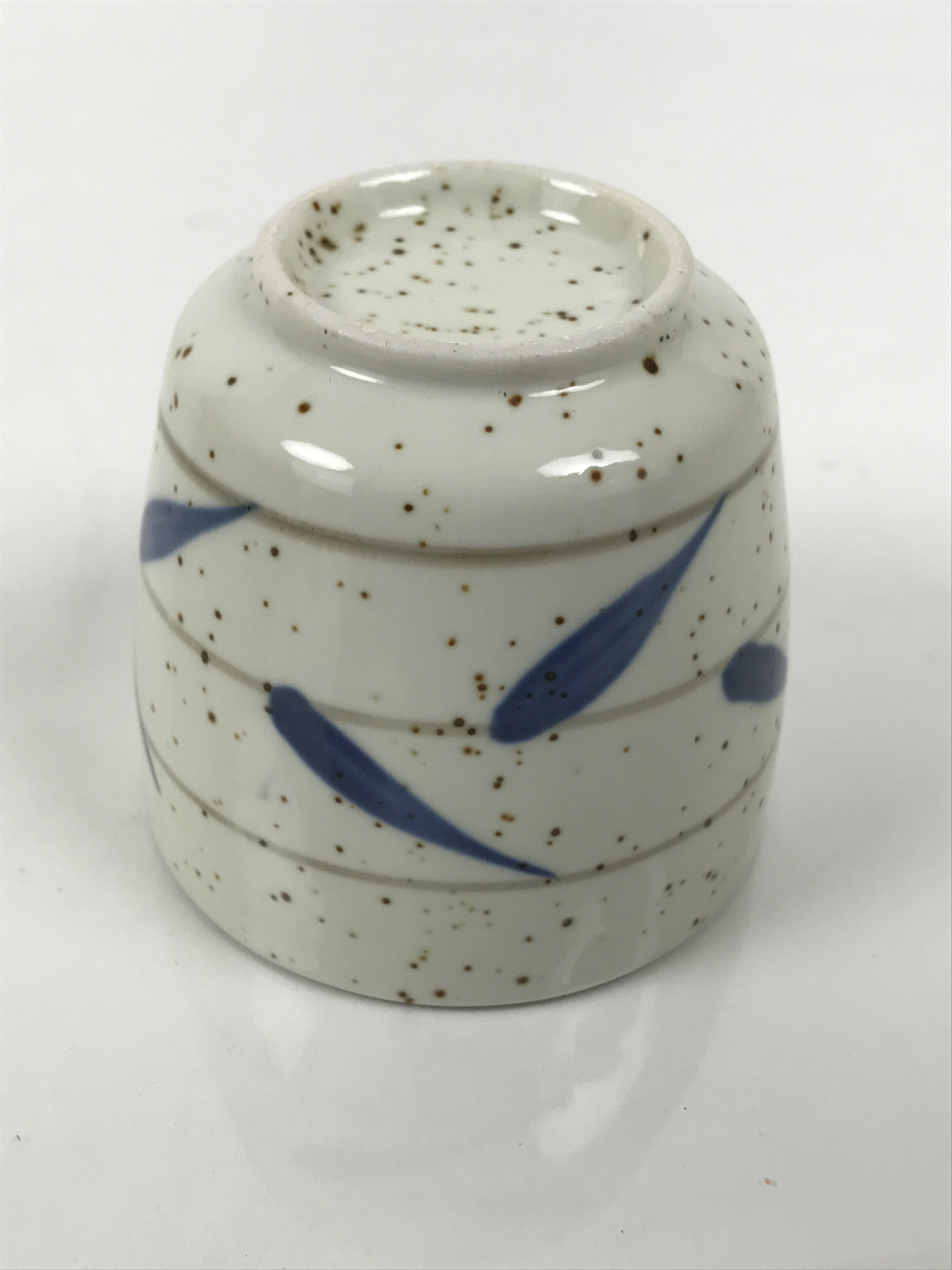 Japanese Ceramic Lidded Bowl Mushiwan Cup Pottery White Blue Bamboo Leaves Y548