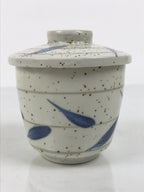 Japanese Ceramic Lidded Bowl Mushiwan Cup Pottery White Blue Bamboo Leaves Y549