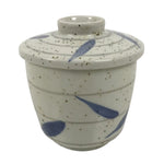 Japanese Ceramic Lidded Bowl Mushiwan Cup Pottery White Blue Bamboo Leaves Y549