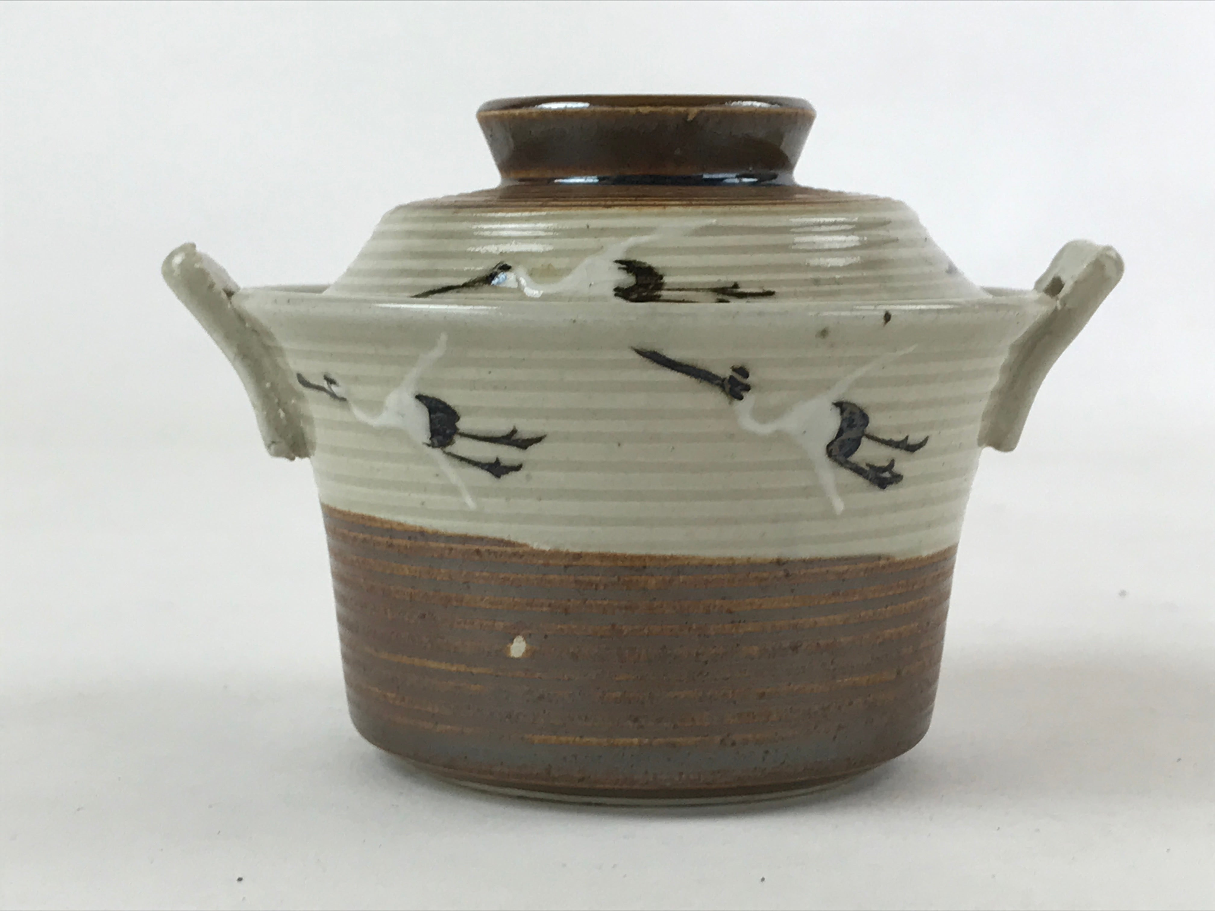 Japanese Ceramic Lidded Bowl Vtg Small Chawanmushi Cup Tsuru Crane Brown PY503