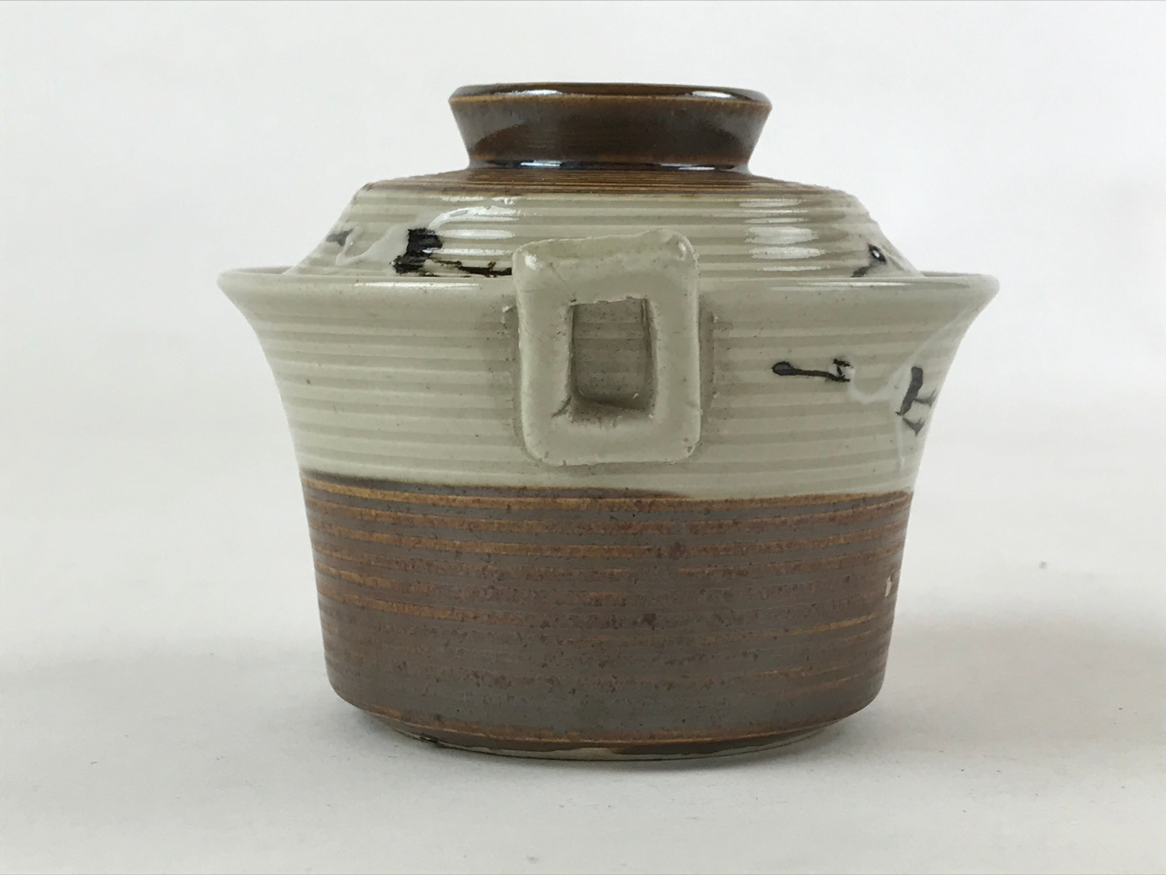 Japanese Ceramic Lidded Bowl Vtg Small Chawanmushi Cup Tsuru Crane Brown PY503