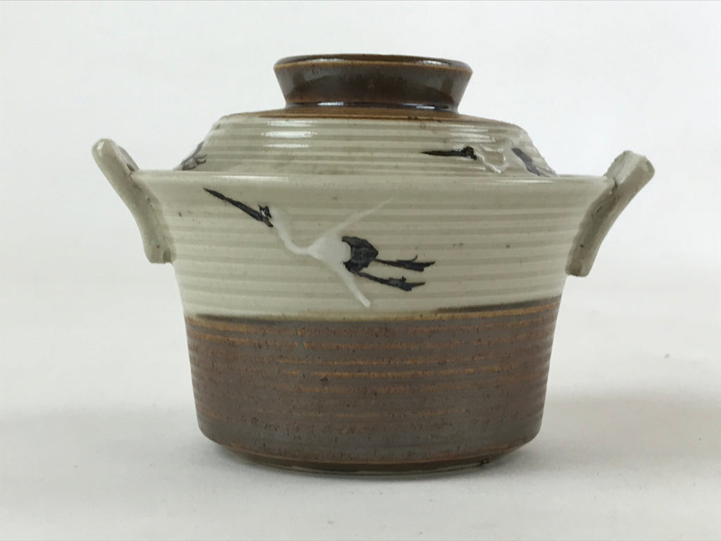 Japanese Ceramic Lidded Bowl Vtg Small Chawanmushi Cup Tsuru Crane Brown PY503