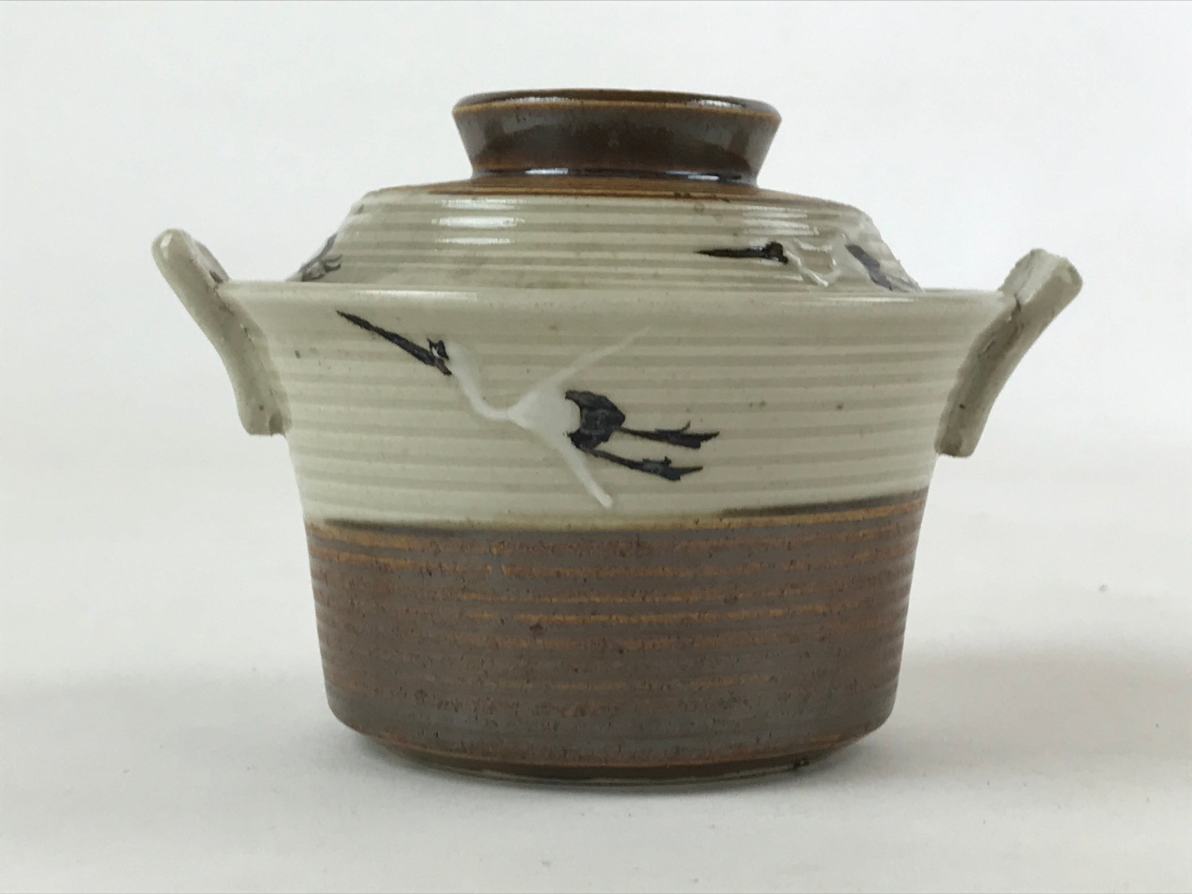 Japanese Ceramic Lidded Bowl Vtg Small Chawanmushi Cup Tsuru Crane Brown PY503