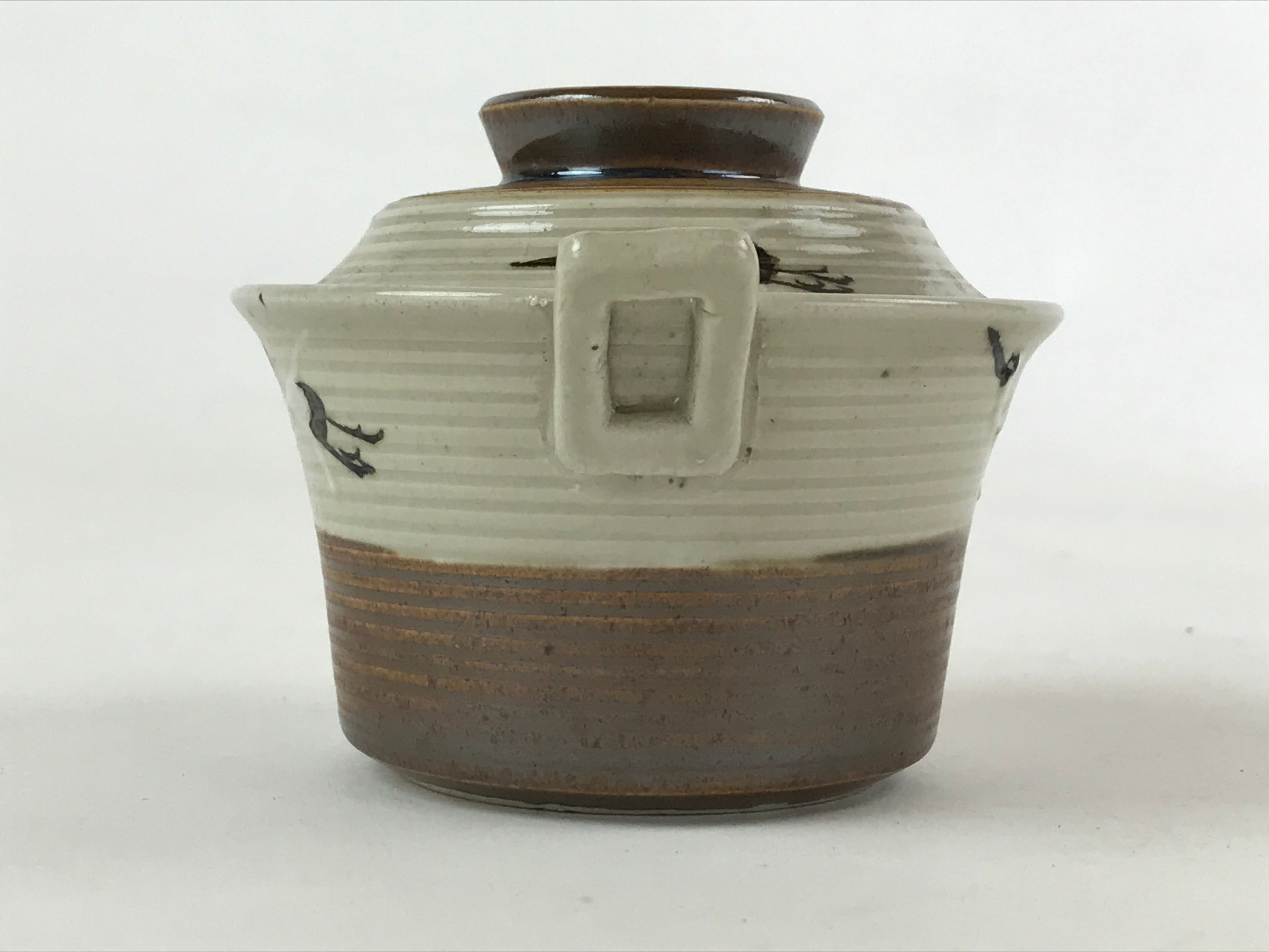 Japanese Ceramic Lidded Bowl Vtg Small Chawanmushi Cup Tsuru Crane Brown PY503