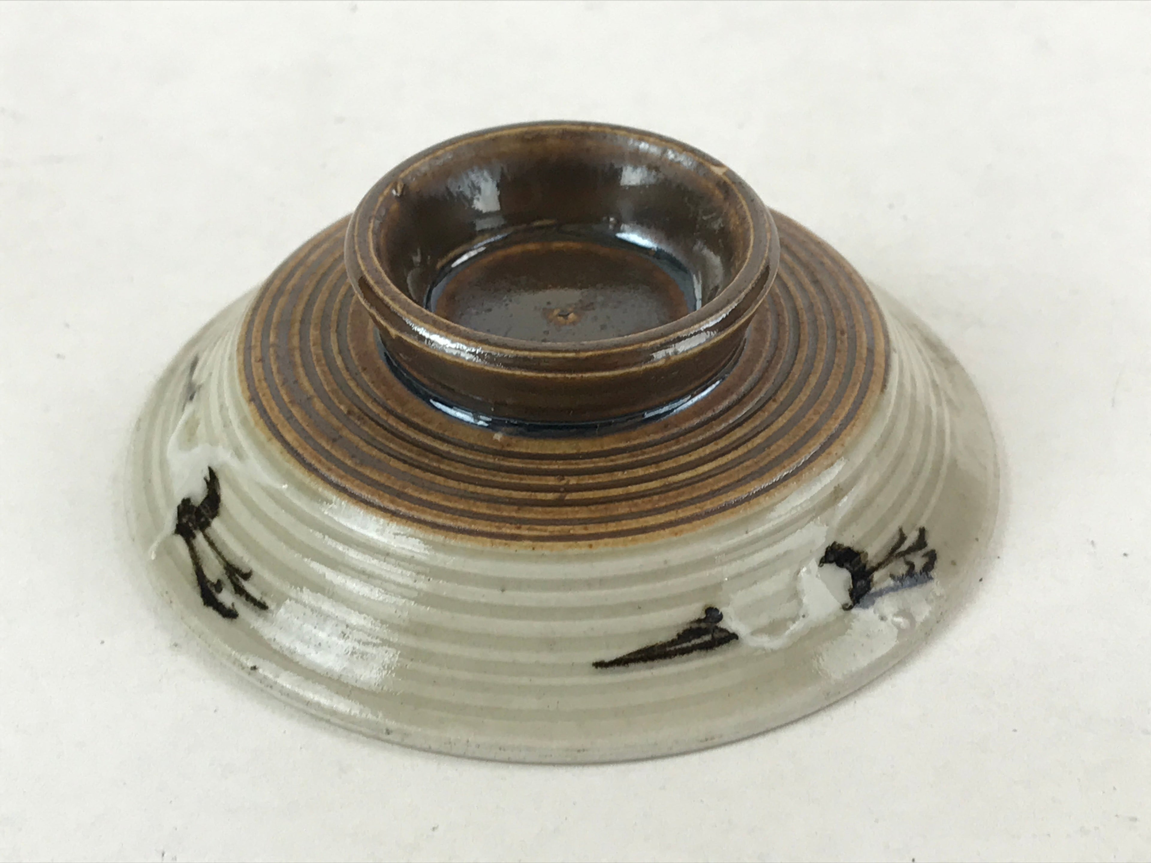 Japanese Ceramic Lidded Bowl Vtg Small Chawanmushi Cup Tsuru Crane Brown PY503