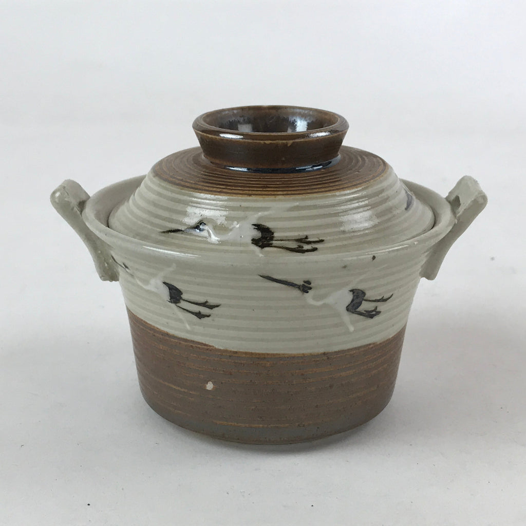 Japanese Ceramic Lidded Bowl Vtg Small Chawanmushi Cup Tsuru Crane Brown PY503