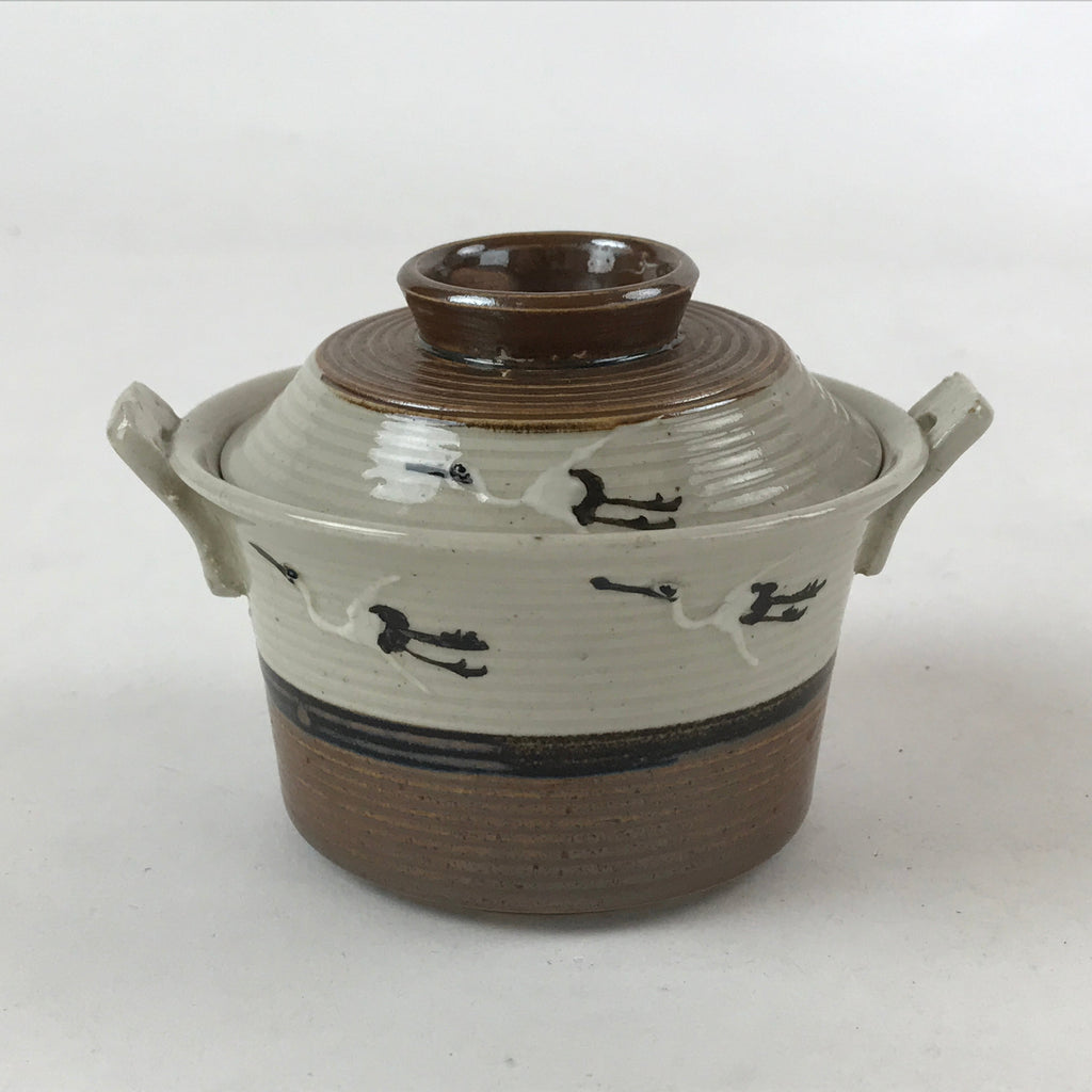Japanese Ceramic Lidded Bowl Vtg Small Chawanmushi Cup Tsuru Crane Brown PY504