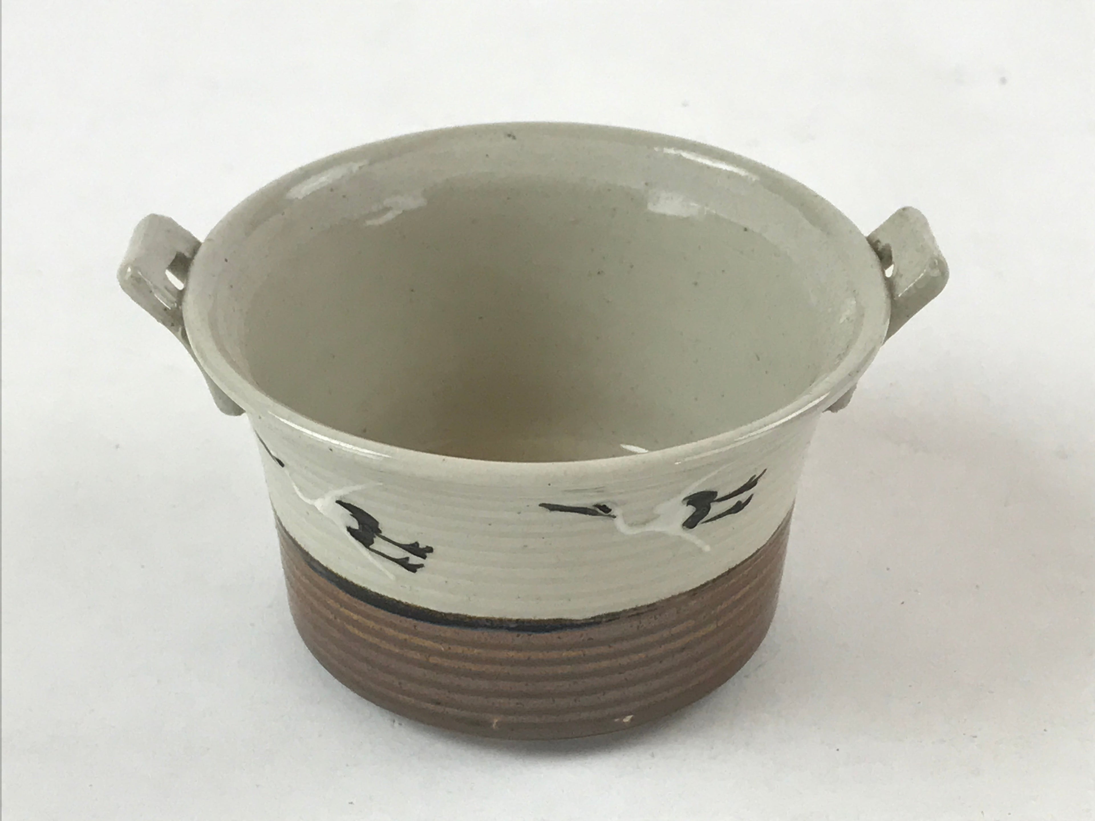 Japanese Ceramic Lidded Bowl Vtg Small Chawanmushi Cup Tsuru Crane Brown PY505