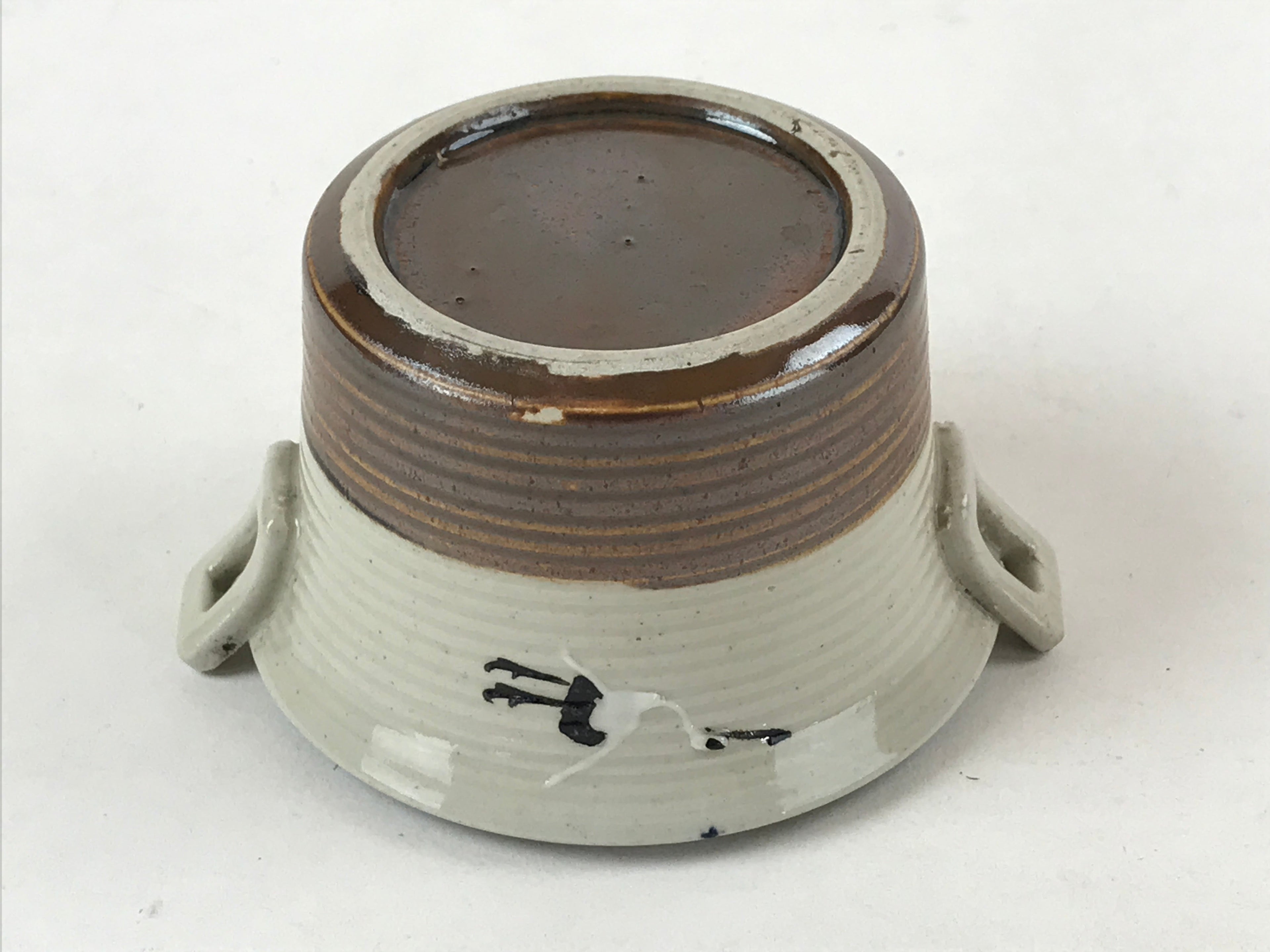 Japanese Ceramic Lidded Bowl Vtg Small Chawanmushi Cup Tsuru Crane Brown PY505