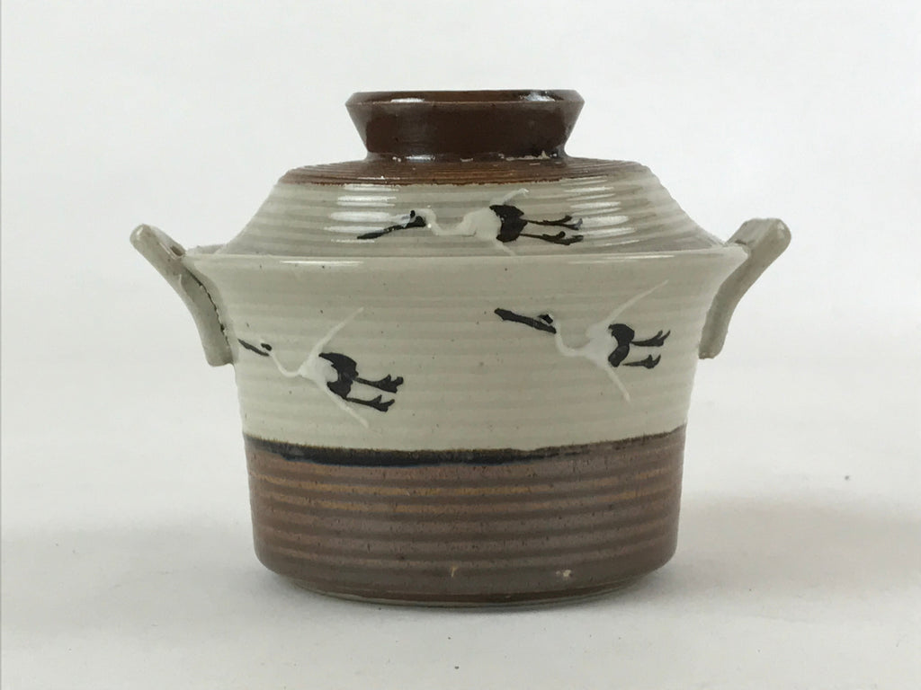 Japanese Ceramic Lidded Bowl Vtg Small Chawanmushi Cup Tsuru Crane Brown PY505