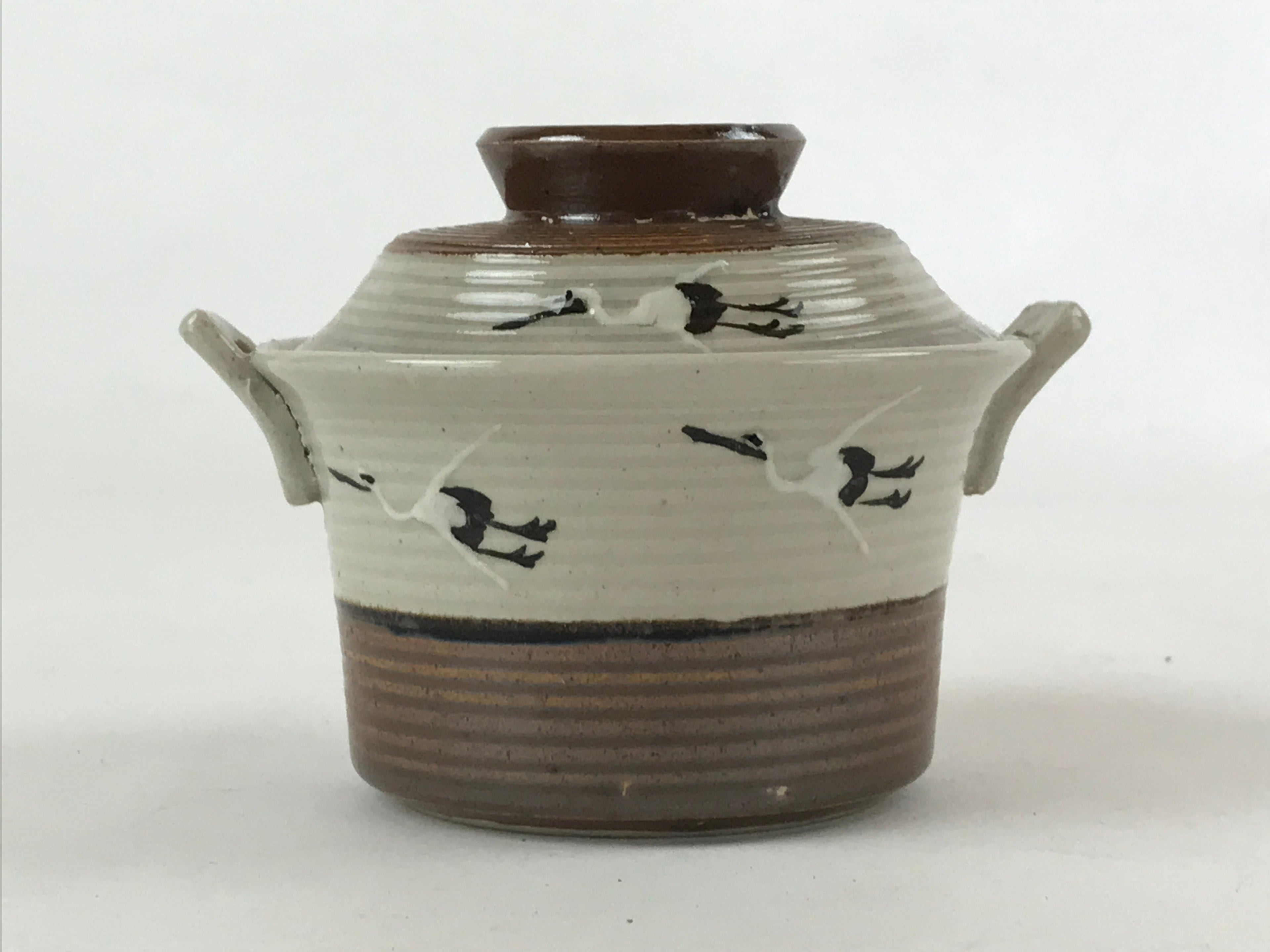 Japanese Ceramic Lidded Bowl Vtg Small Chawanmushi Cup Tsuru Crane Brown PY505