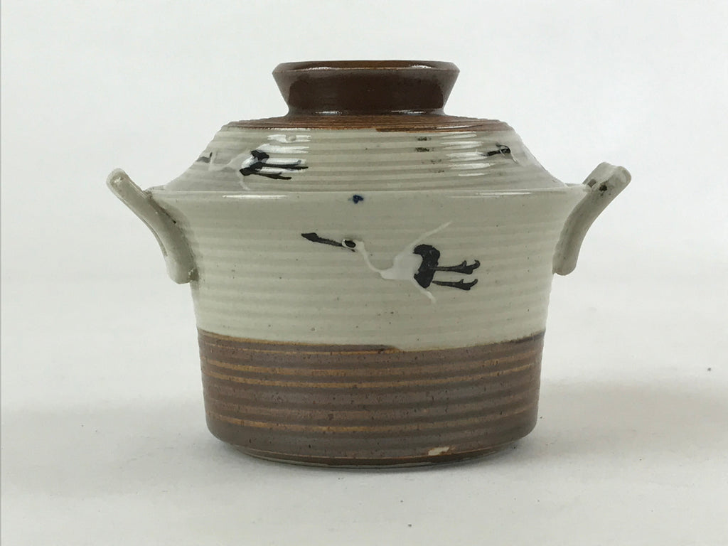 Japanese Ceramic Lidded Bowl Vtg Small Chawanmushi Cup Tsuru Crane Brown PY505