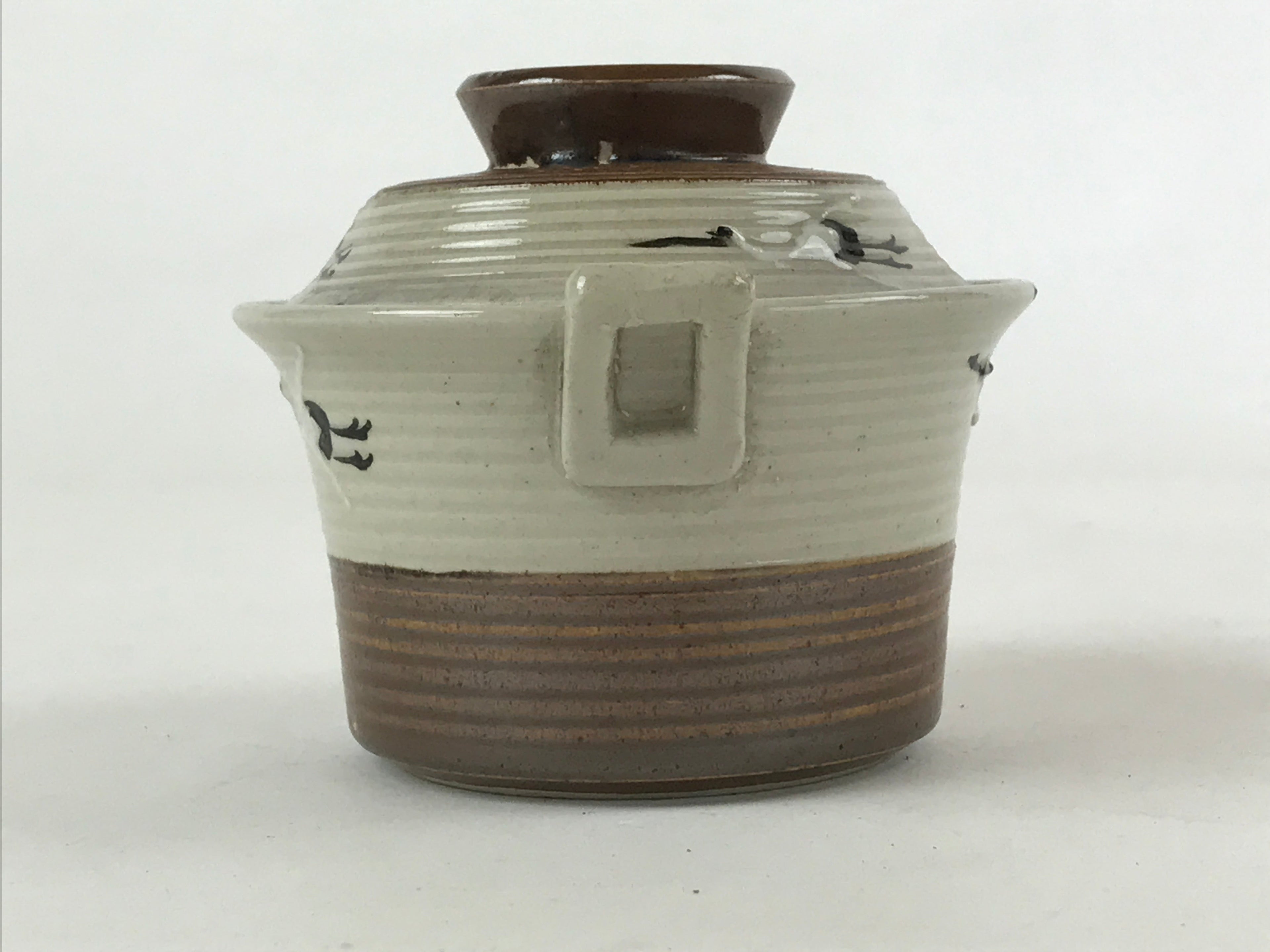 Japanese Ceramic Lidded Bowl Vtg Small Chawanmushi Cup Tsuru Crane Brown PY505