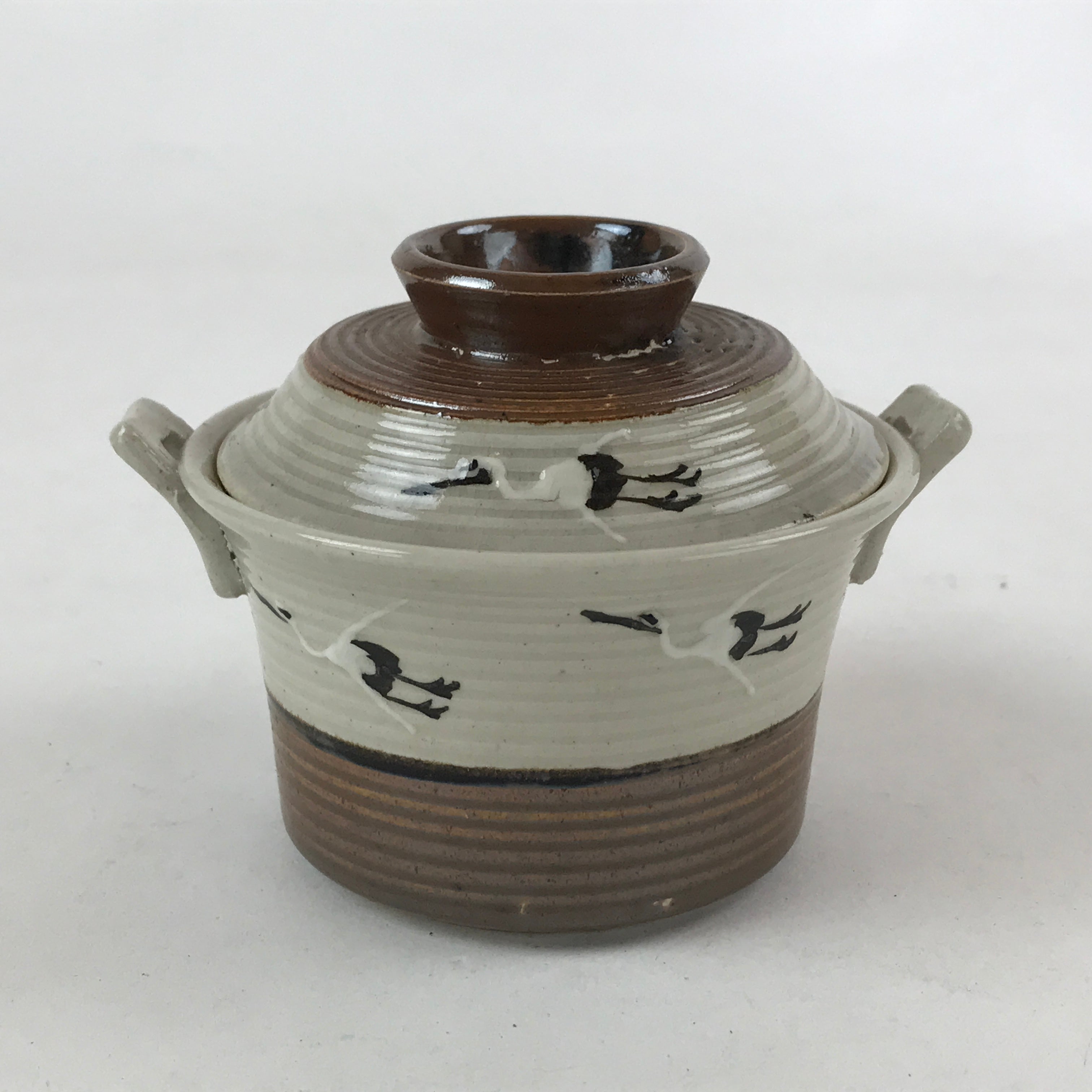 Japanese Ceramic Lidded Bowl Vtg Small Chawanmushi Cup Tsuru Crane Brown PY505
