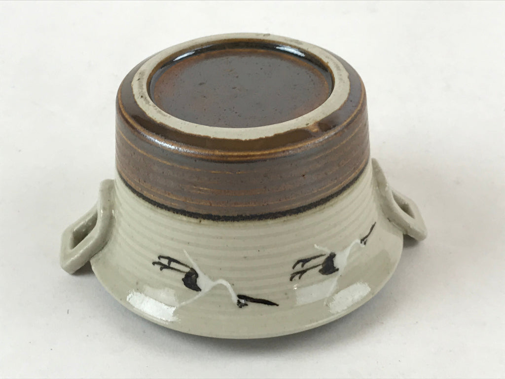 Japanese Ceramic Lidded Bowl Vtg Small Chawanmushi Cup Tsuru Crane Brown PY506