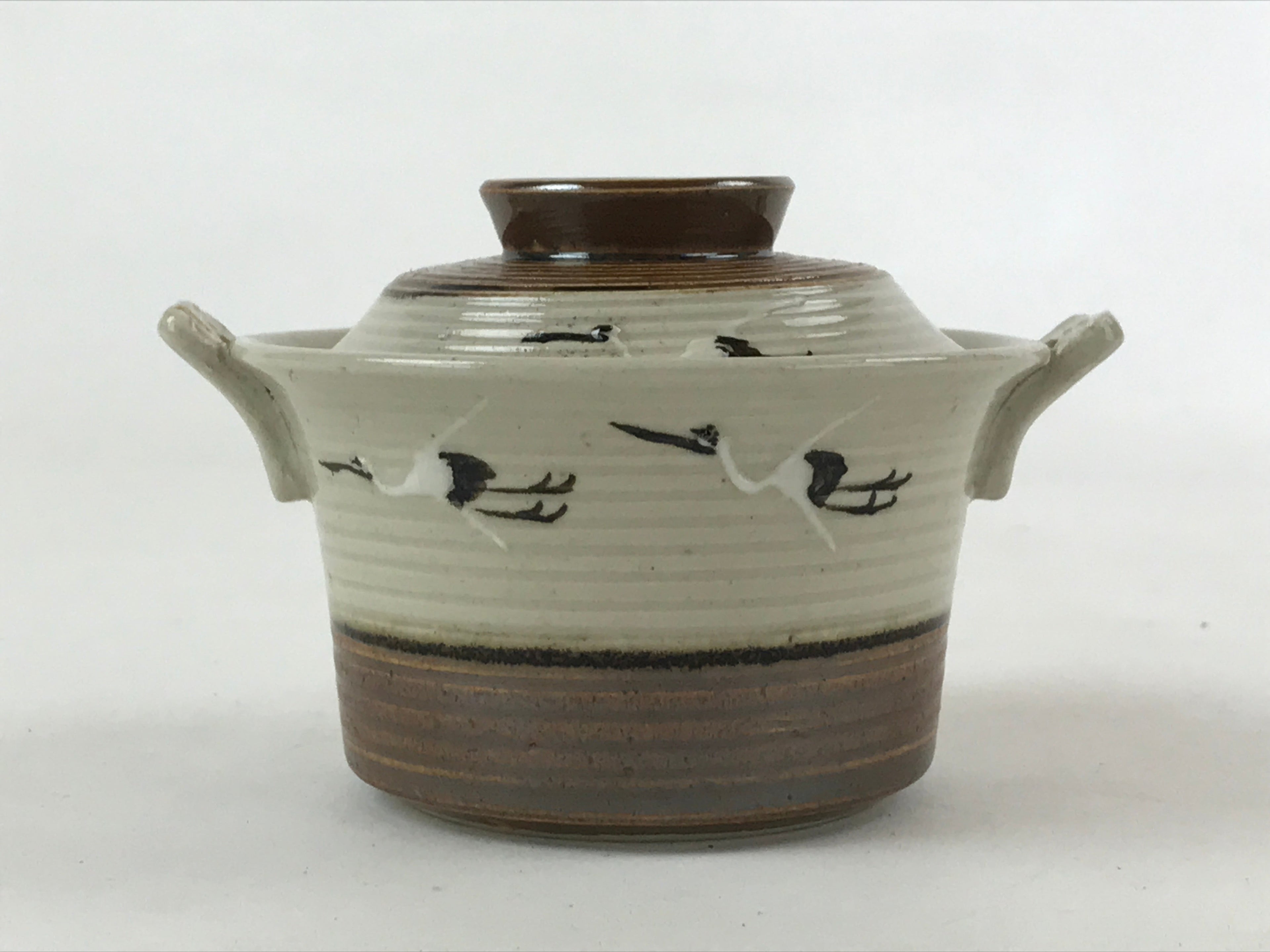 Japanese Ceramic Lidded Bowl Vtg Small Chawanmushi Cup Tsuru Crane Brown PY506