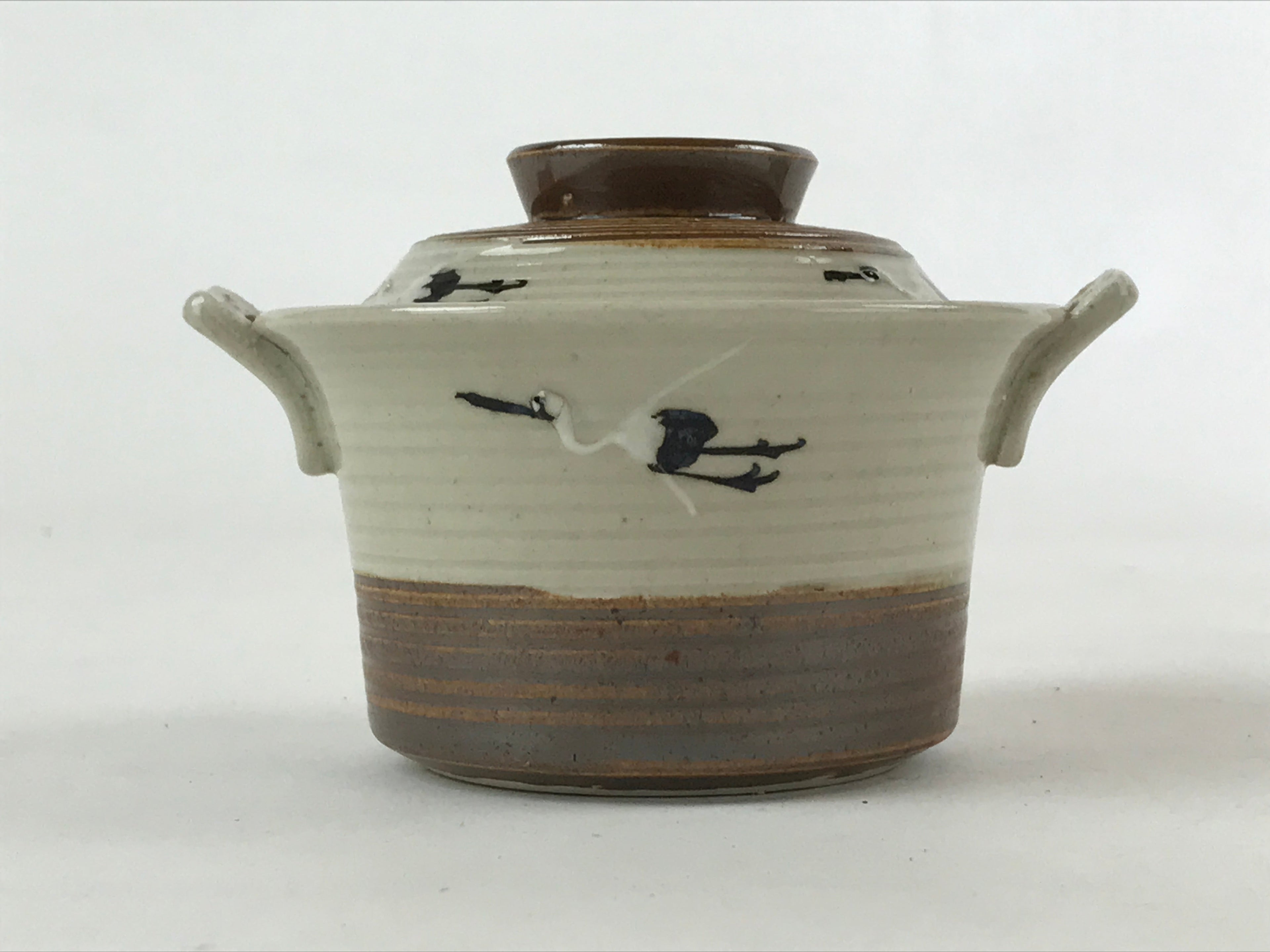Japanese Ceramic Lidded Bowl Vtg Small Chawanmushi Cup Tsuru Crane Brown PY506