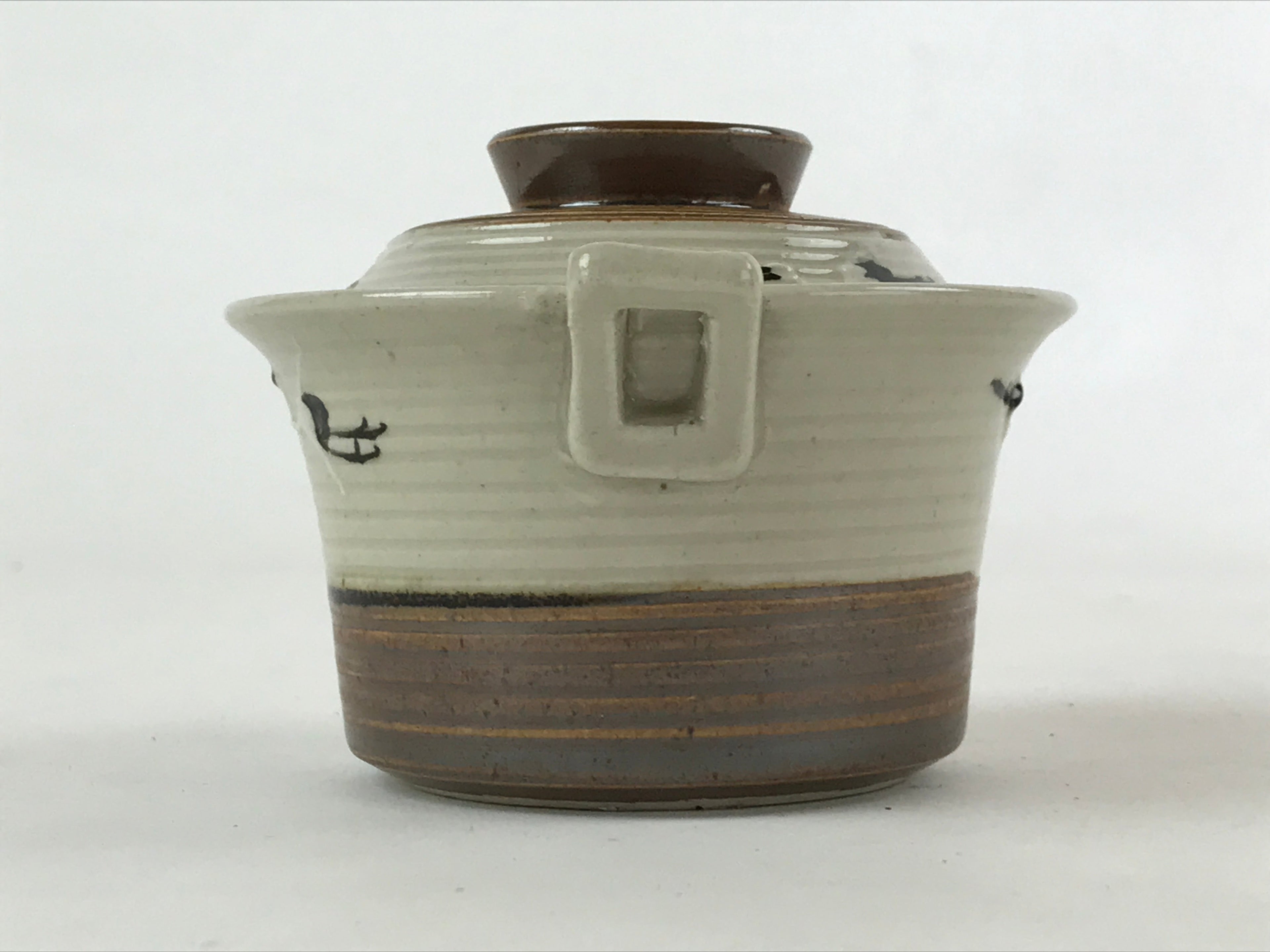 Japanese Ceramic Lidded Bowl Vtg Small Chawanmushi Cup Tsuru Crane Brown PY506