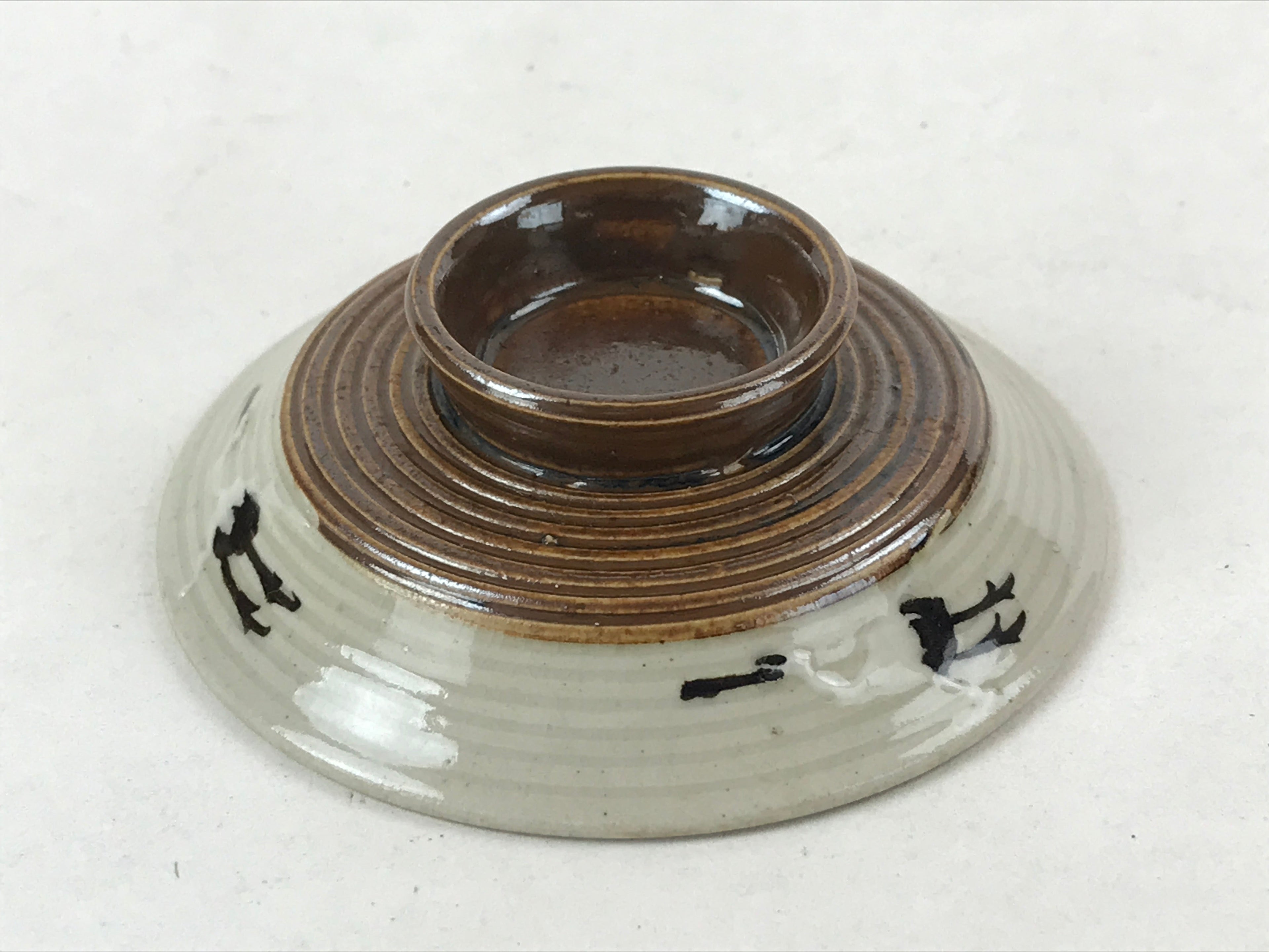 Japanese Ceramic Lidded Bowl Vtg Small Chawanmushi Cup Tsuru Crane Brown PY506