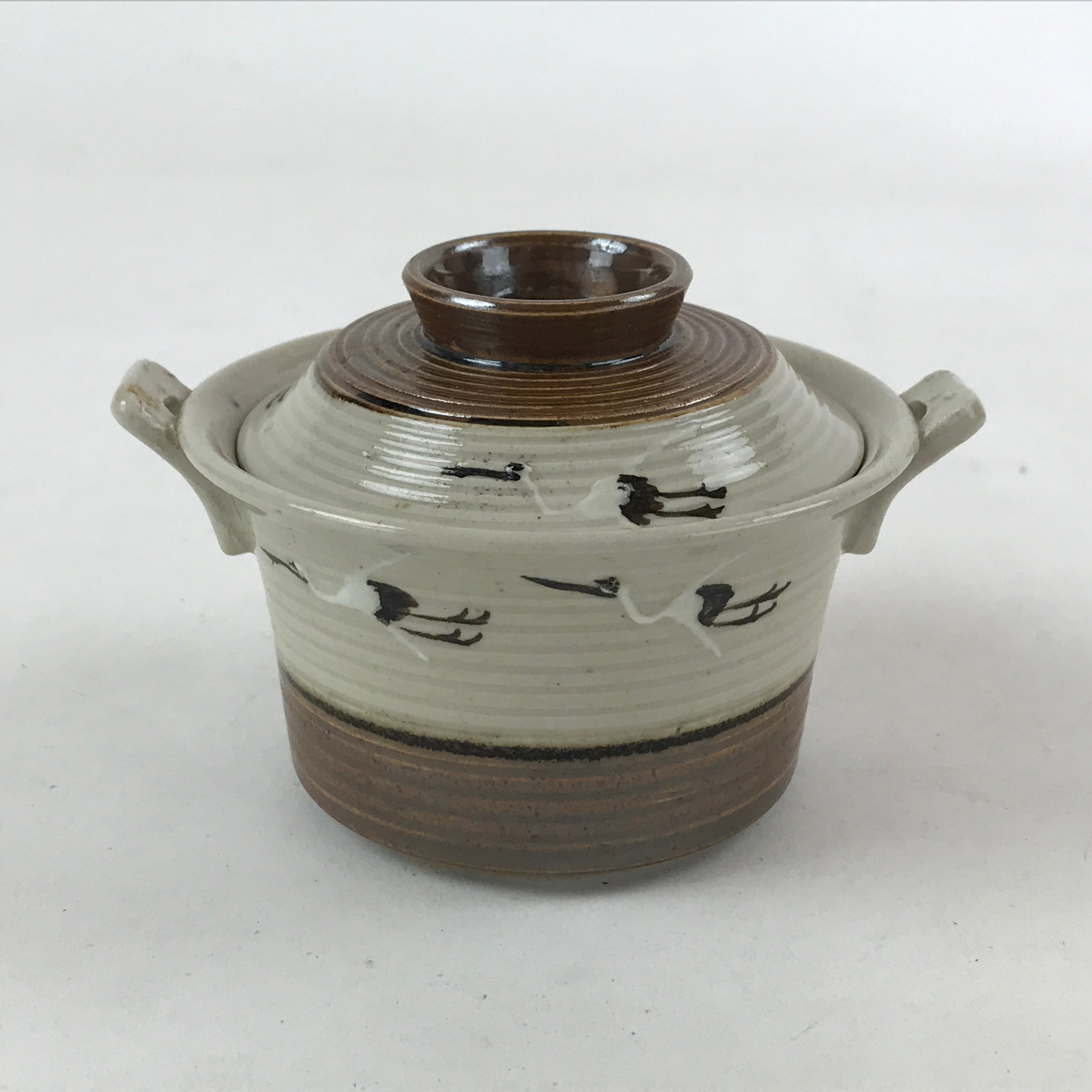 Japanese Ceramic Lidded Bowl Vtg Small Chawanmushi Cup Tsuru Crane Brown PY506