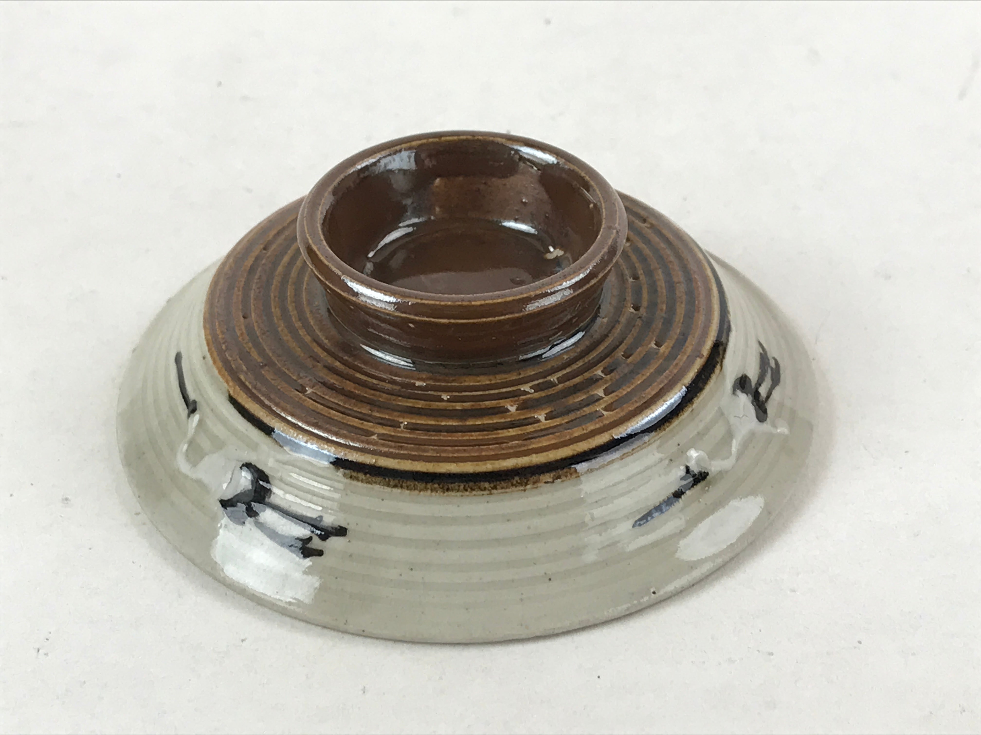 Japanese Ceramic Lidded Bowl Vtg Small Chawanmushi Cup Tsuru Crane Brown PY507