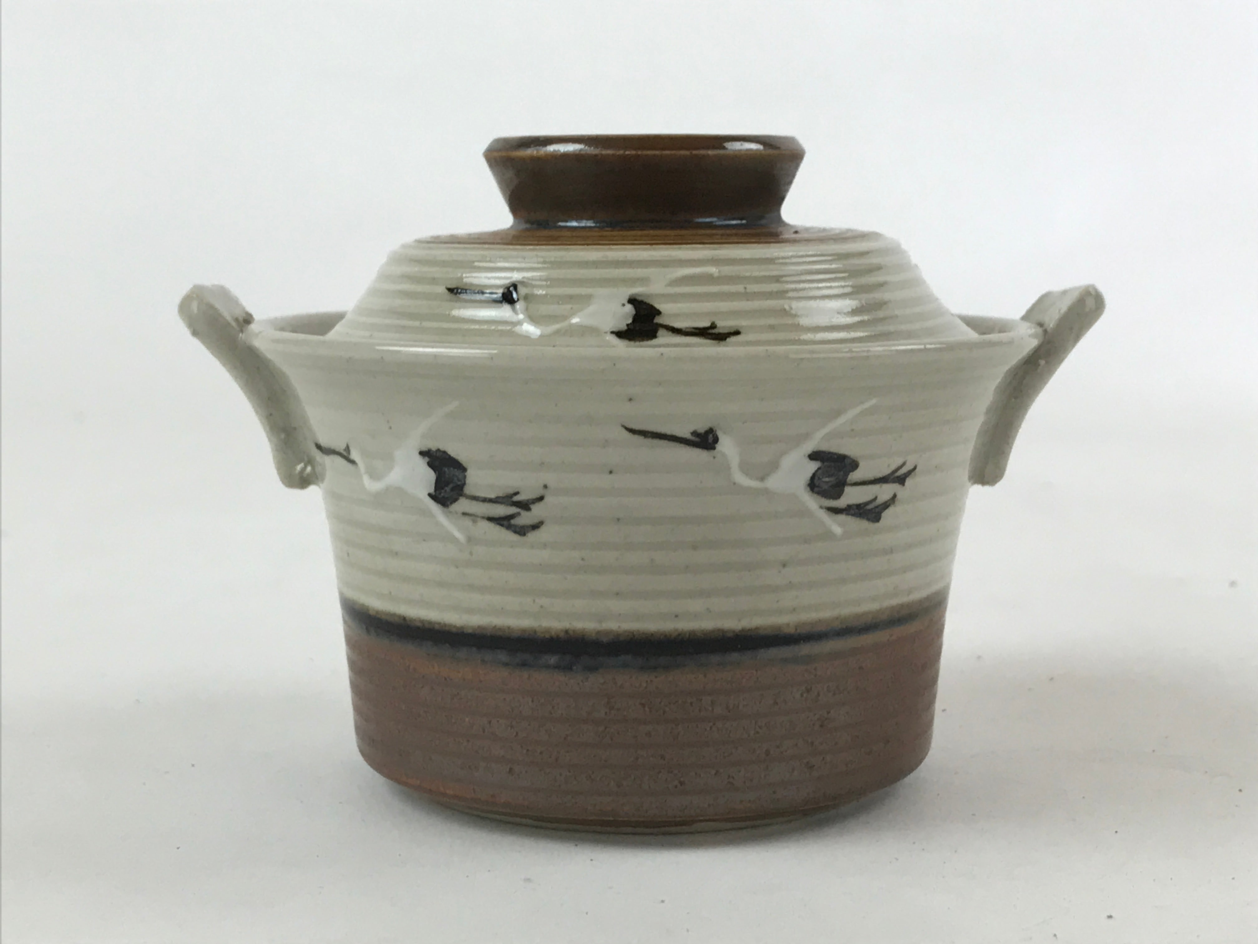 Japanese Ceramic Lidded Bowl Vtg Small Chawanmushi Cup Tsuru Crane Brown PY509