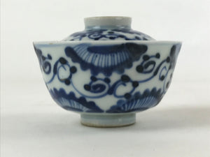 Japanese Ceramic Lidded Bowl Vtg White Blue Floral Design Chawan Pottery PY499