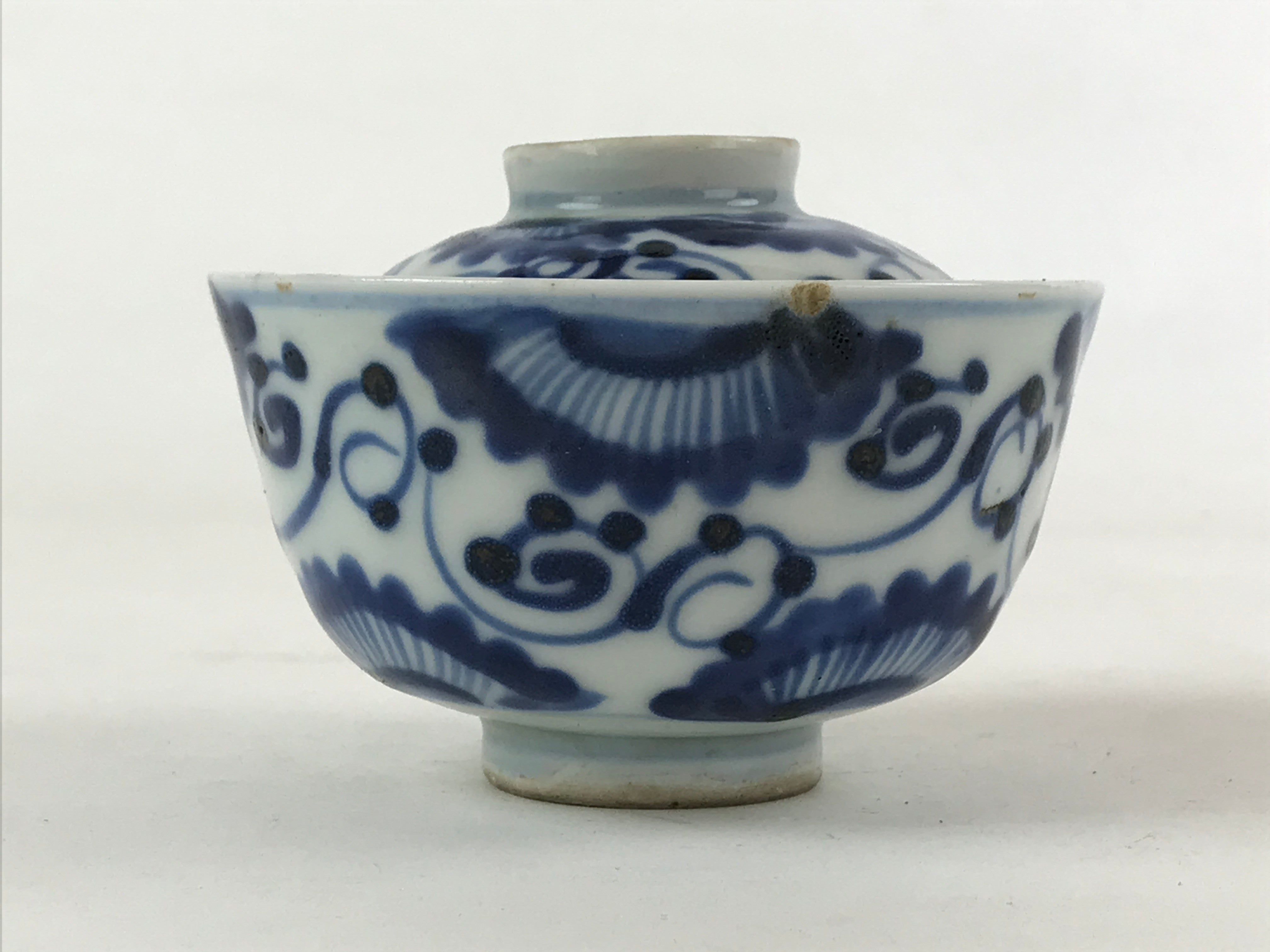 Japanese Ceramic Lidded Bowl Vtg White Blue Floral Design Chawan Pottery PY499