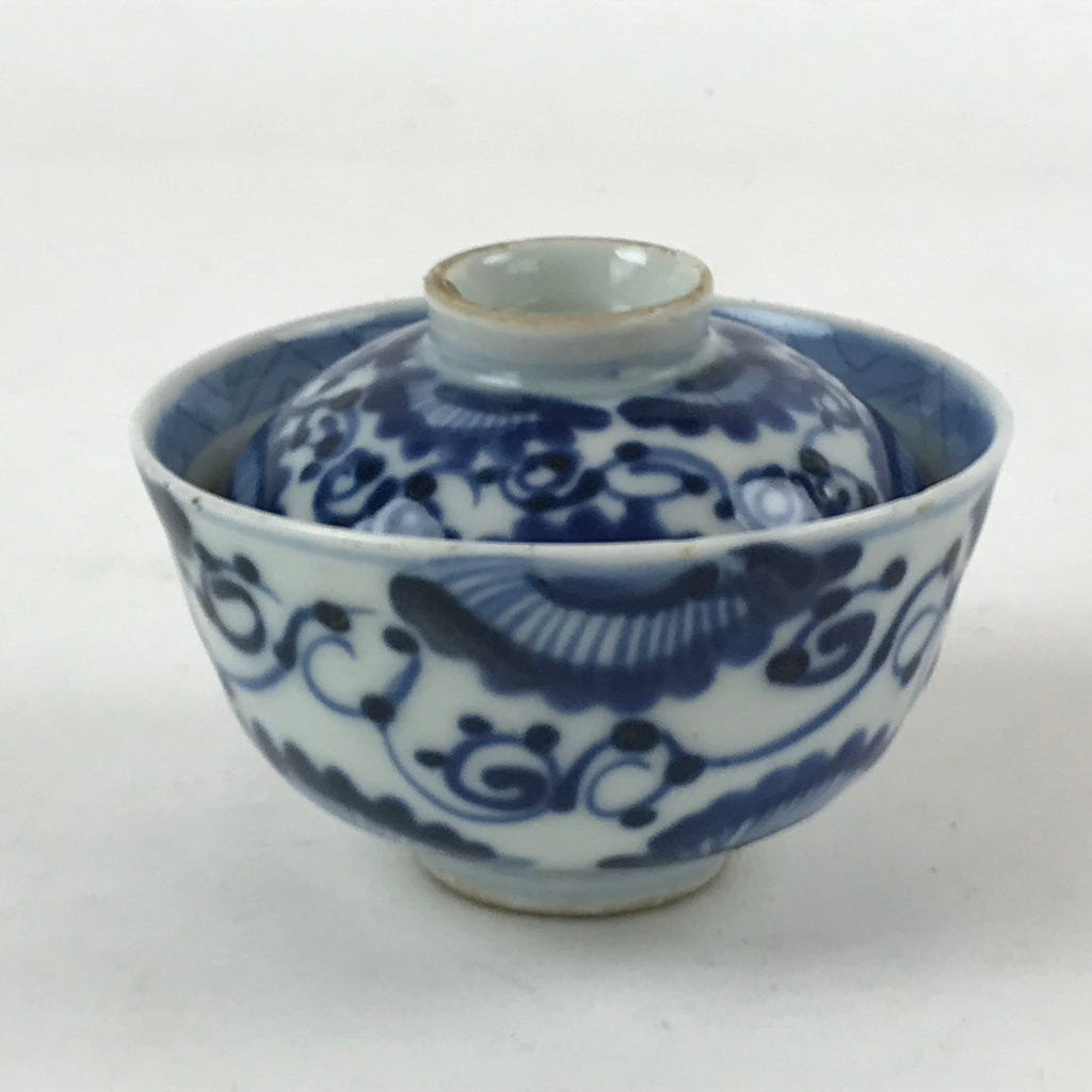 Japanese Ceramic Lidded Bowl Vtg White Blue Floral Design Chawan Pottery PY499