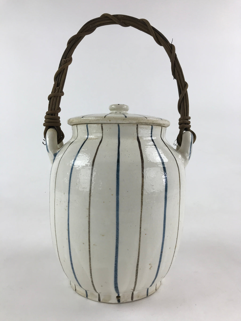 Japanese Ceramic Lidded Jar Handle Tsubo Iremono Vtg Pottery White PY451