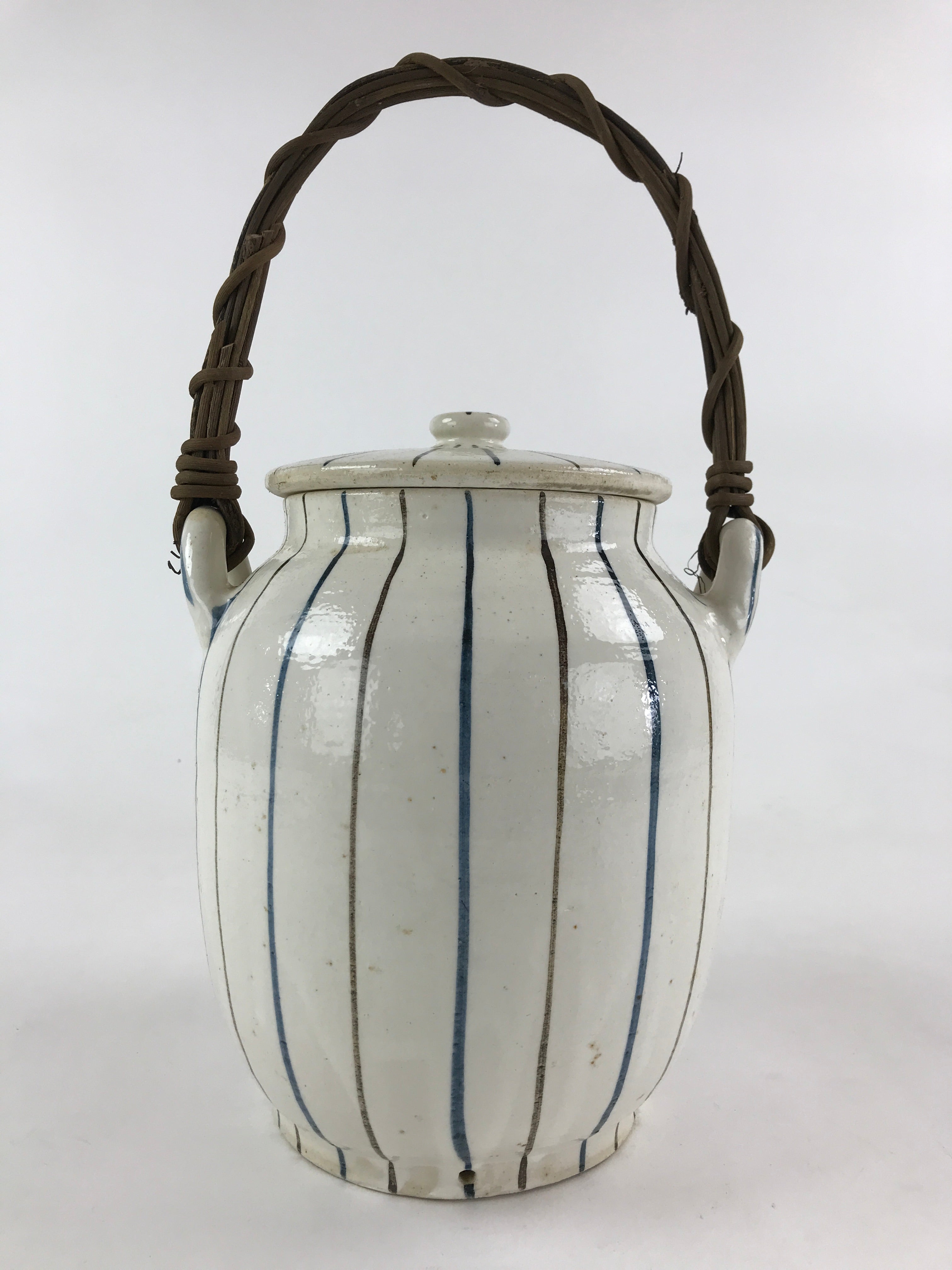 Japanese Ceramic Lidded Jar Handle Tsubo Iremono Vtg Pottery White PY451
